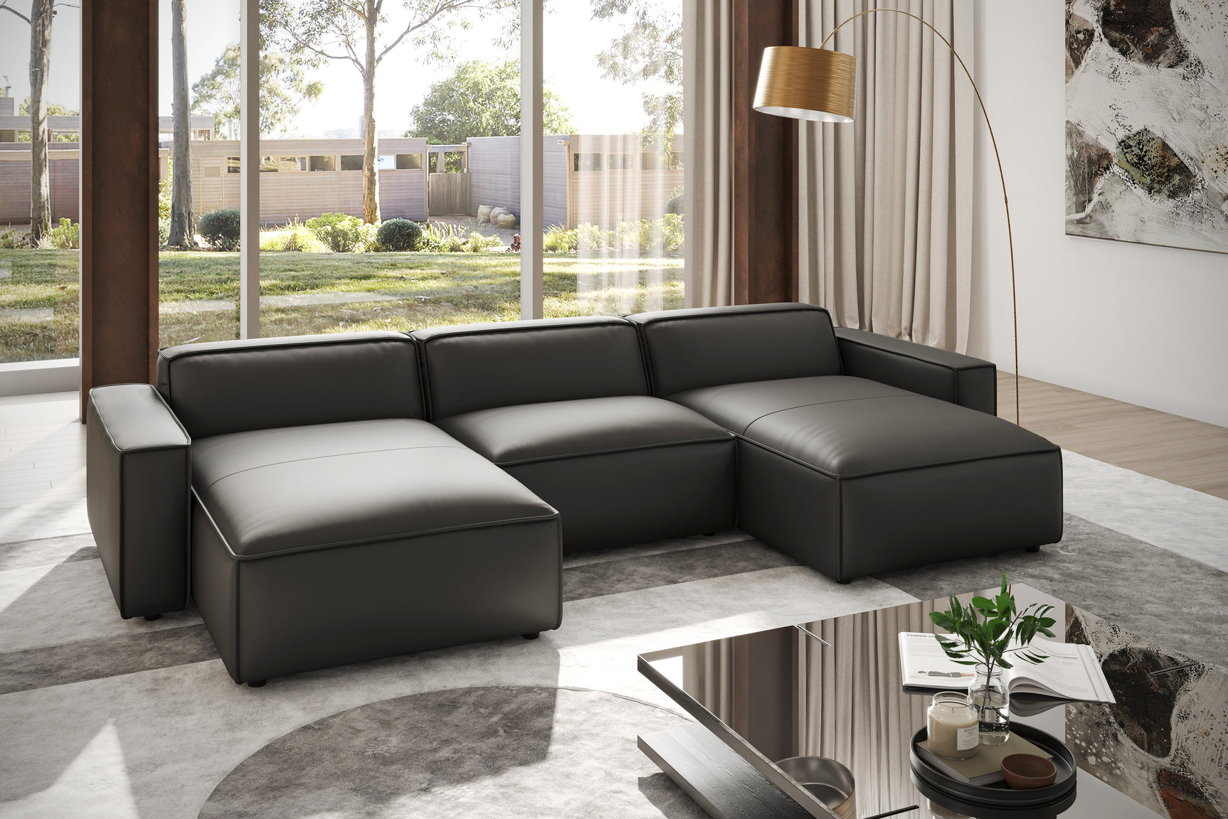 Valencia Nathan Full Aniline Leather Theater Lounge Modular Sofa with Down Feather, Row of 3 Double Chaise, Black Color