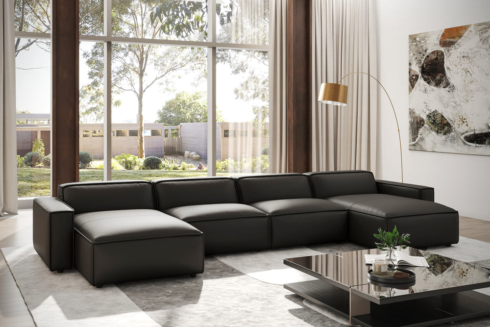 Valencia Nathan Full Aniline Leather Theater Lounge Modular Sofa with Down Feather, Row of 4 Double Chaise, Black Color