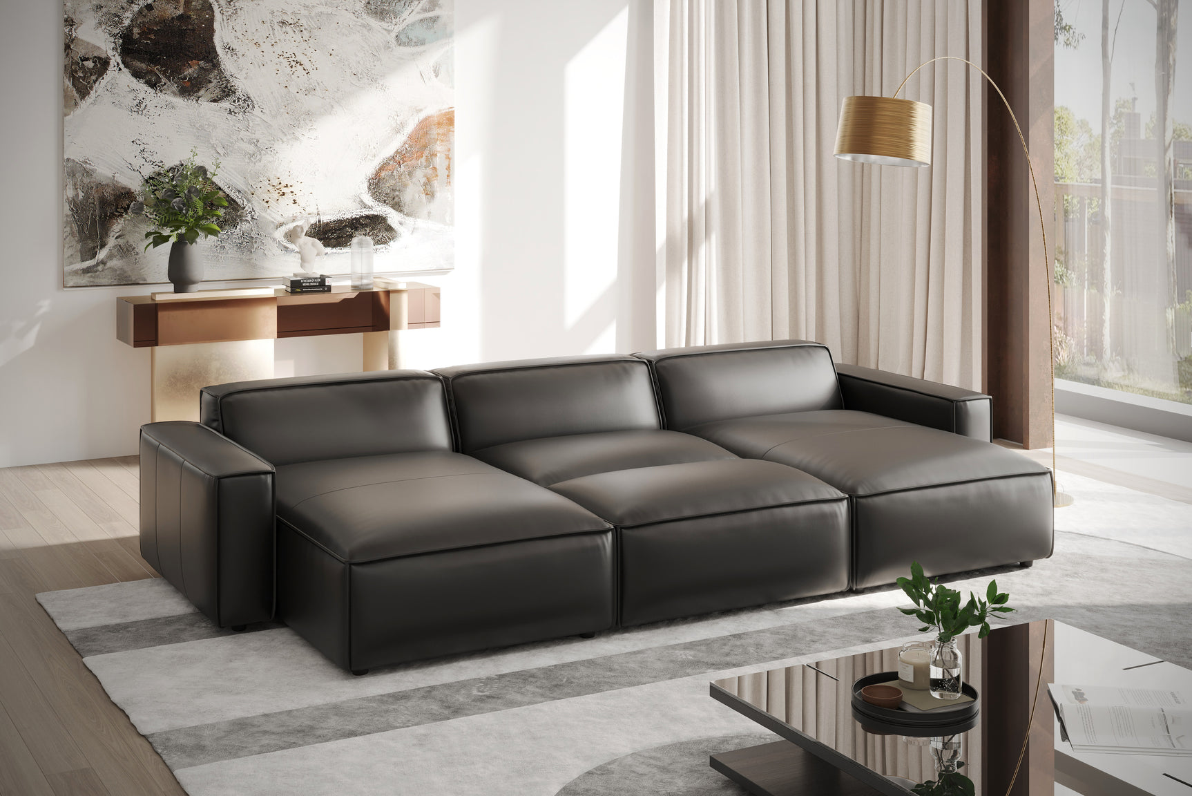 Valencia Nathan Full Aniline Leather Theater Lounge Modular Sofa with Down Feather, Bed Shape, Black Color