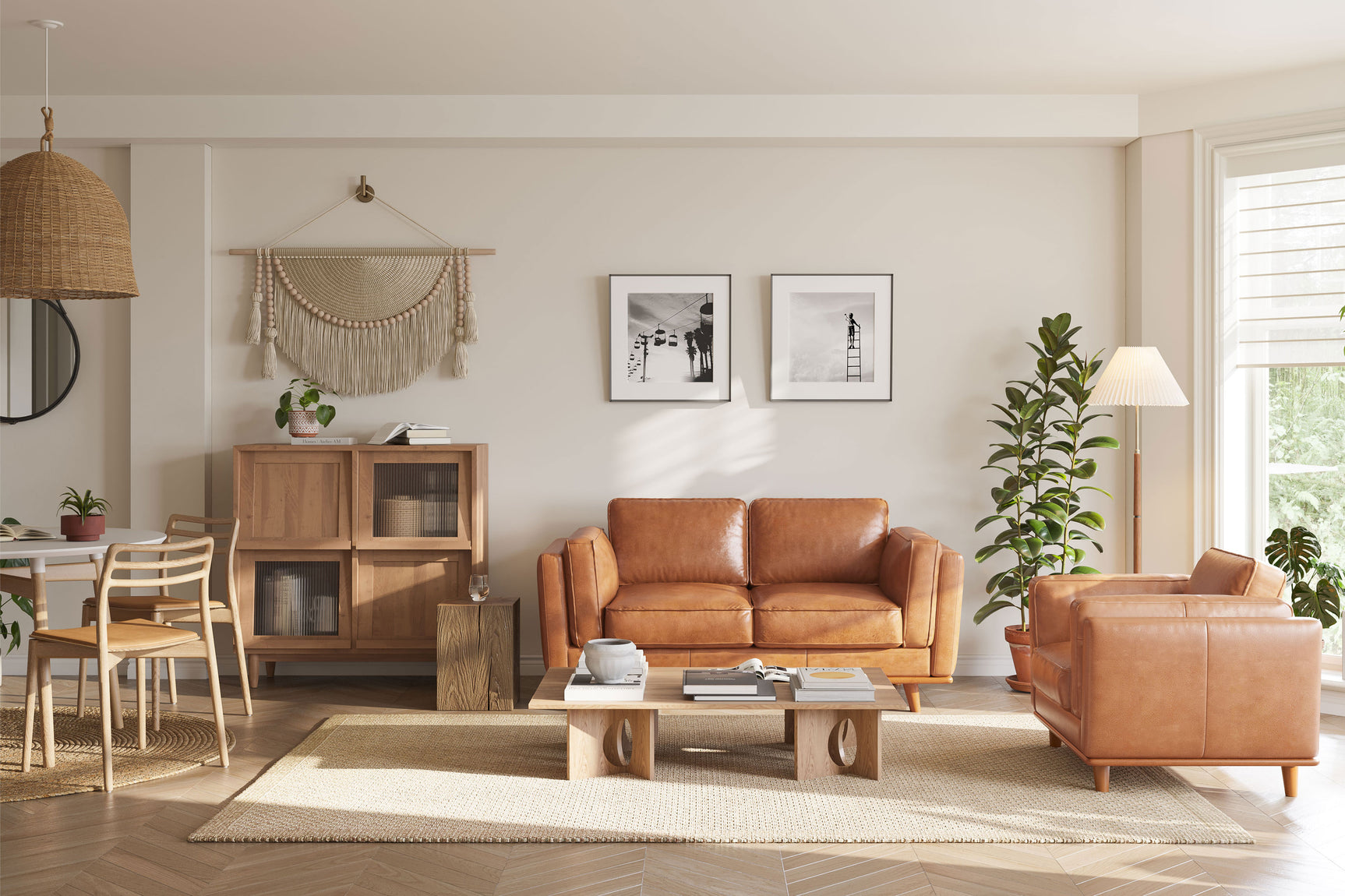 Valencia Artisan Top Grain Leather Loveseat Sofa, Cognac Color