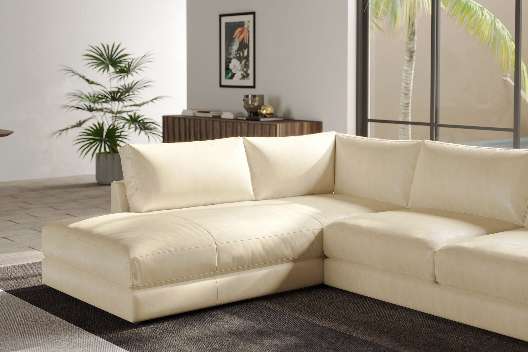 Valencia Serena Leather L-shape with Left Chaise Sectional Sofa, Beige