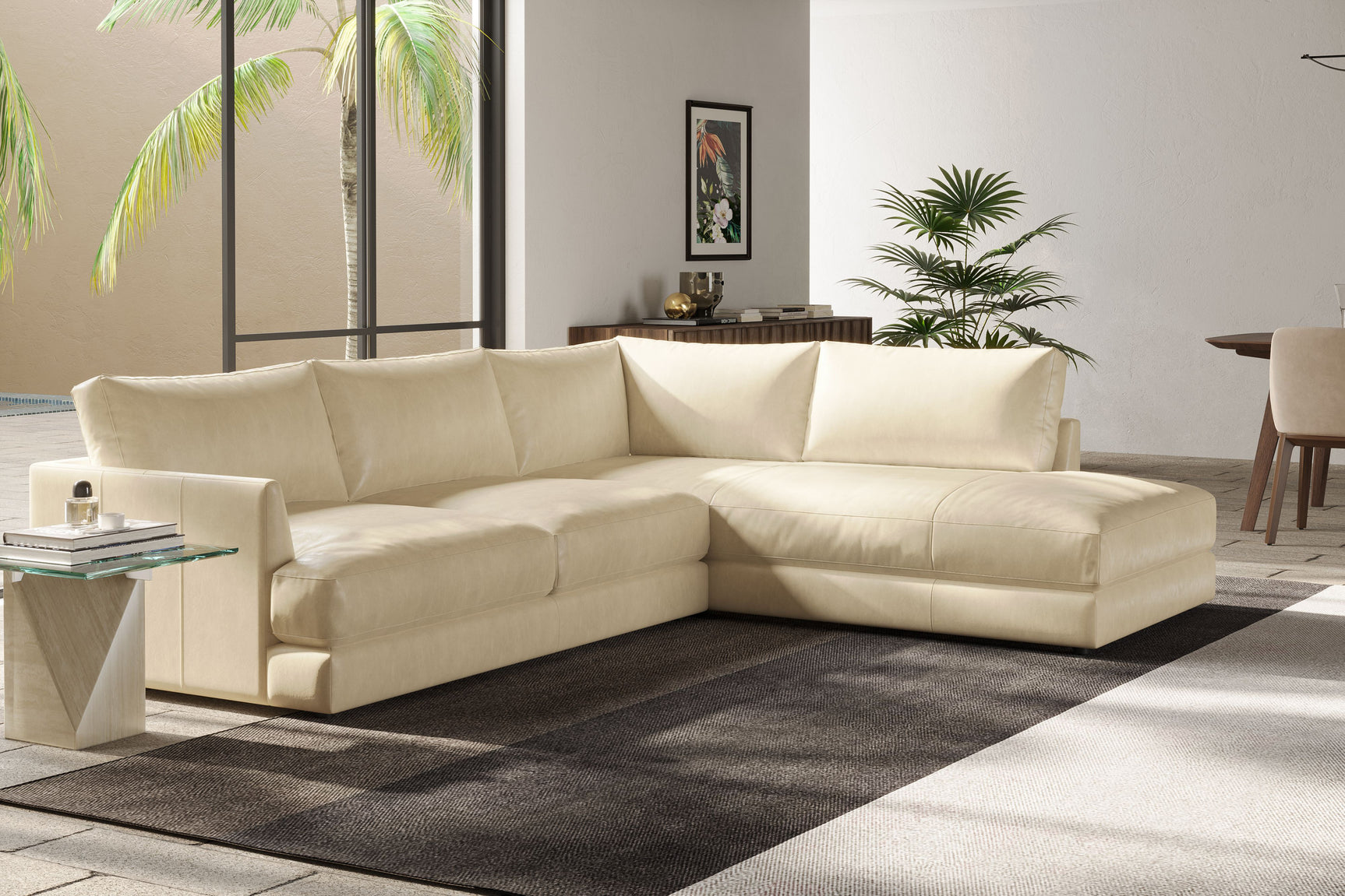 Valencia Serena Leather L-shape with Right Chaise Sectional Sofa, Beige