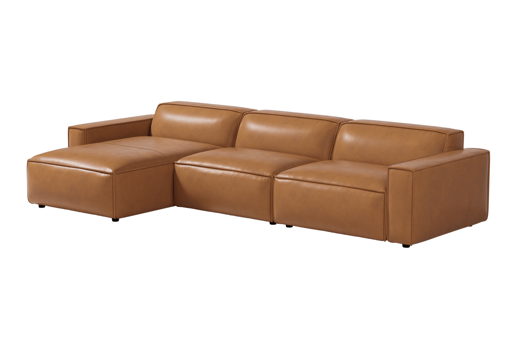 Valencia Nathan Full Aniline Leather Lounge Modular Sofa, Three Seats With Left Chaise, Caramel Brown Color