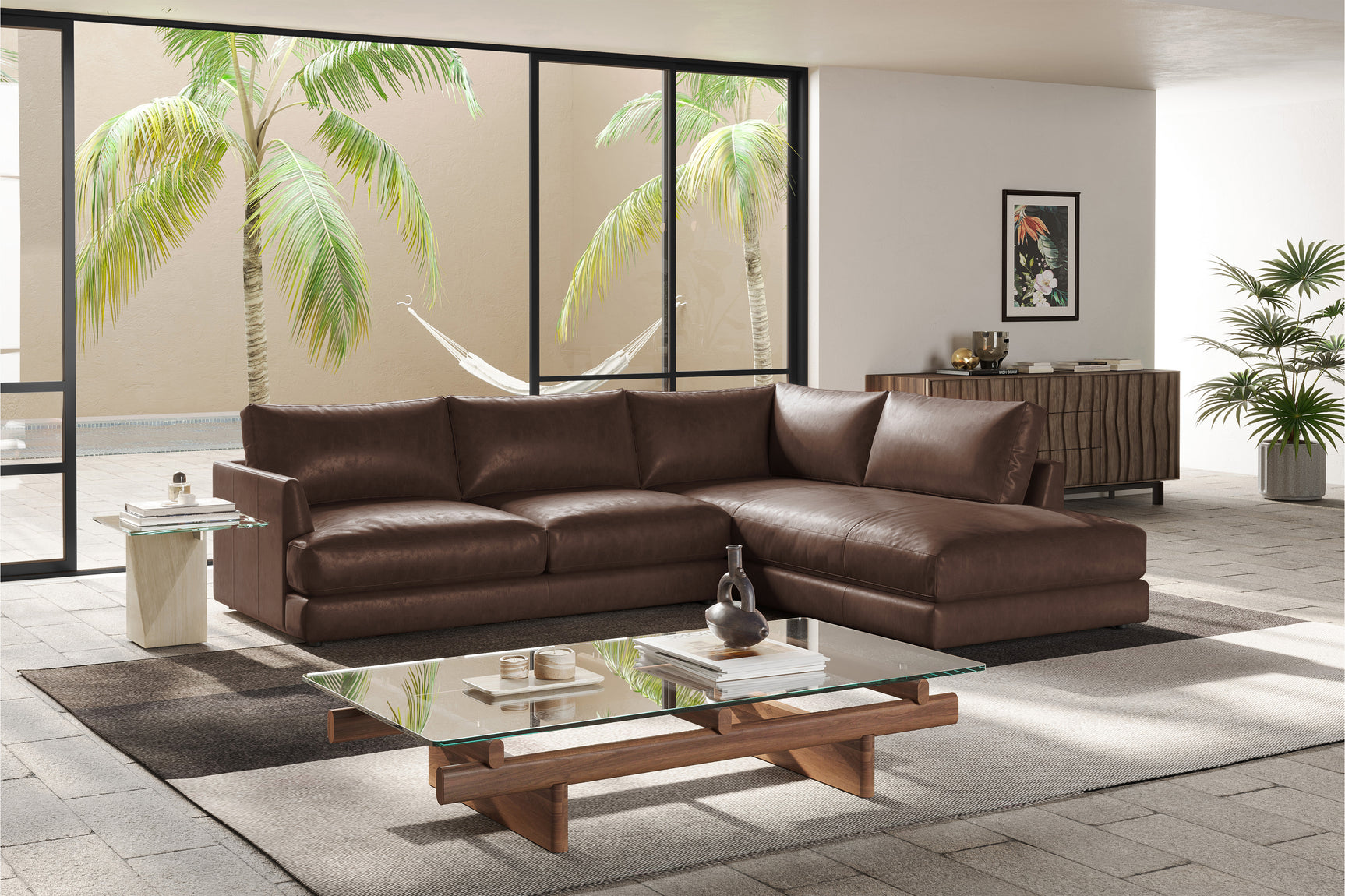 Valencia Serena Leather L-shape with Right Chaise Sectional Sofa, Brown