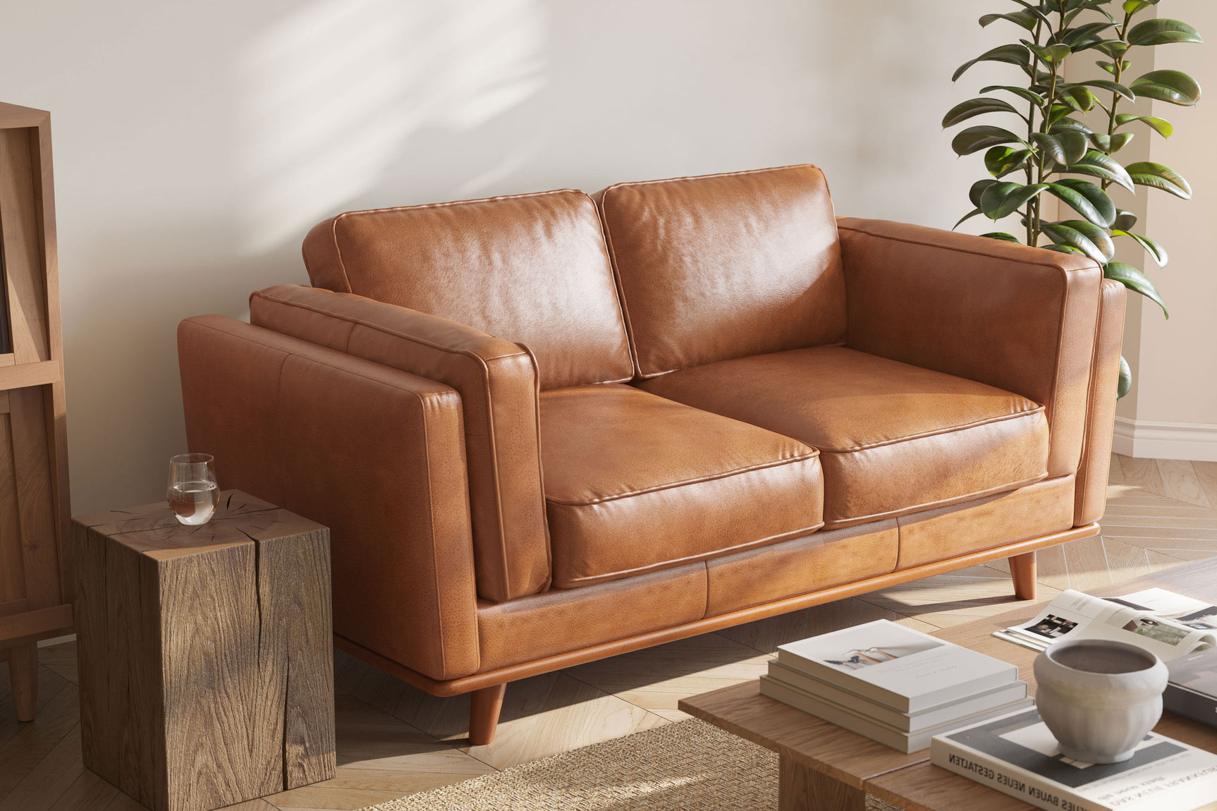 Valencia Artisan Top Grain Leather Loveseat Sofa, Cognac Color