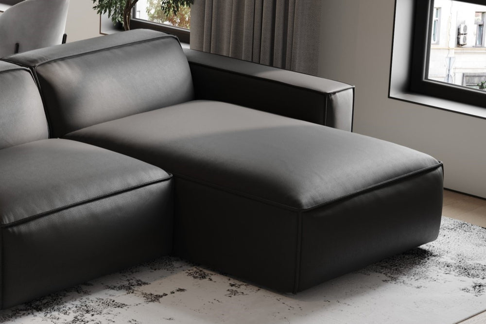 Valencia Nathan Full Aniline Leather Theater Lounge Modular Sofa with Down Feather, Row of 4 Double Chaise, Black Color