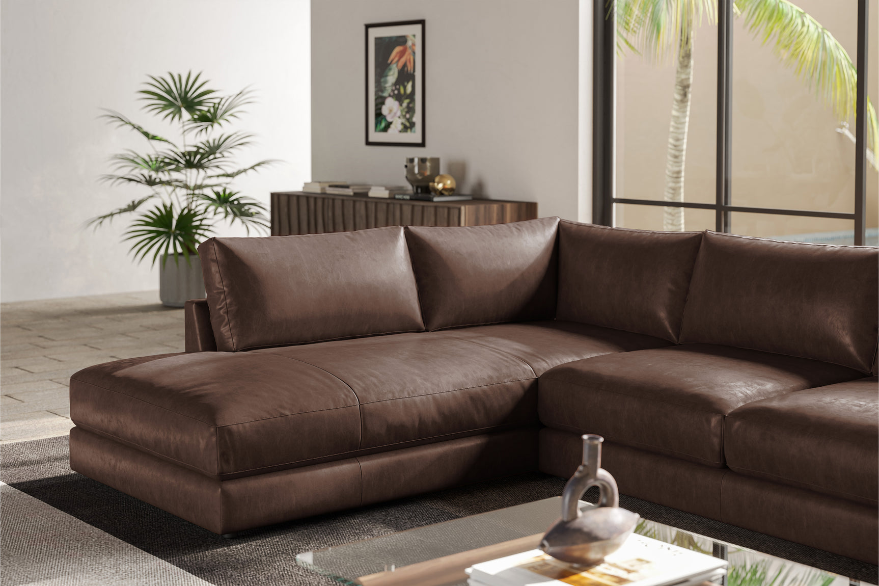 Valencia Serena Leather L-shape with Left Chaise Sectional Sofa, Brown