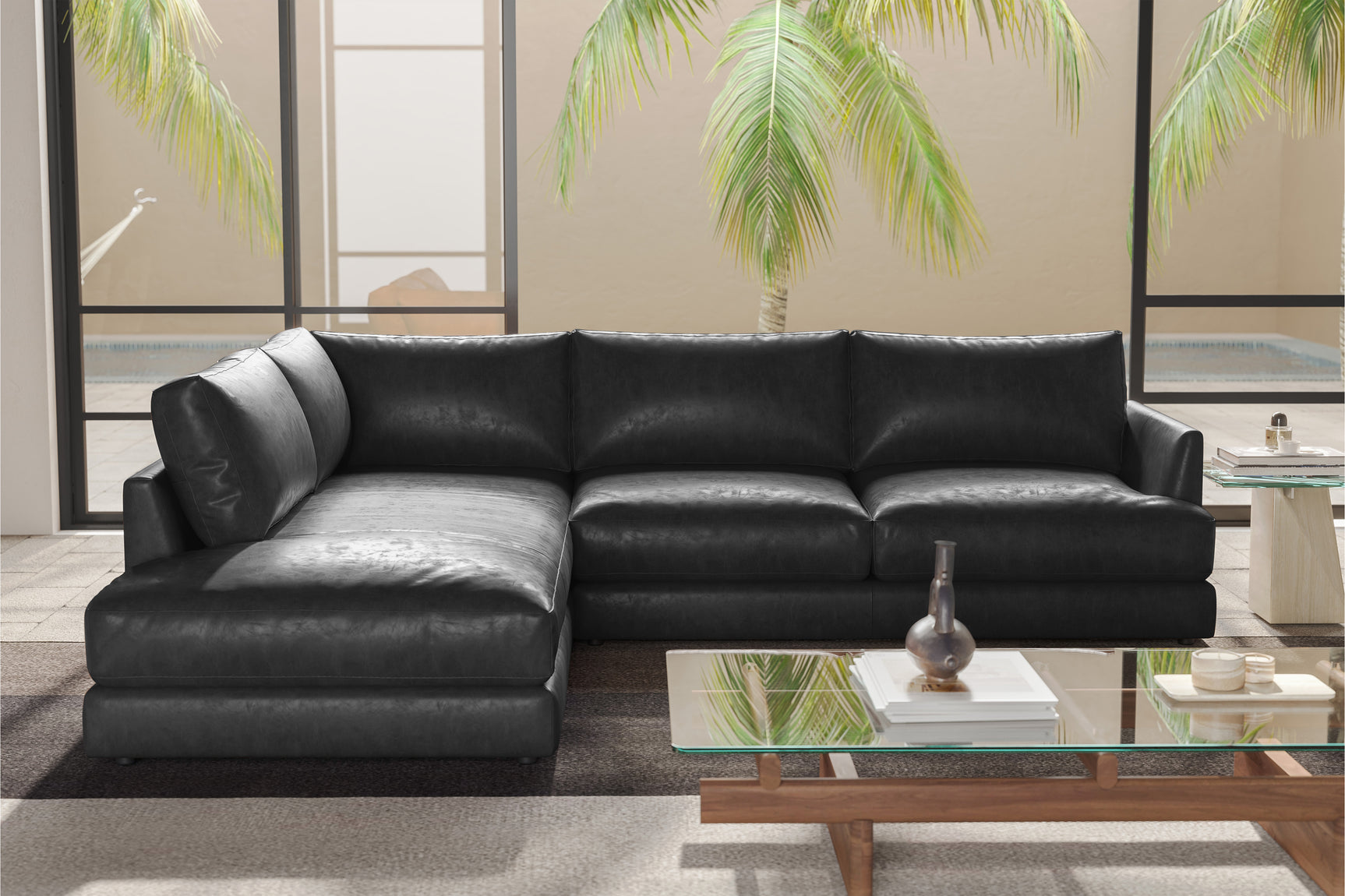 Valencia Serena Leather L-shape with Left Chaise Sectional Sofa, Black