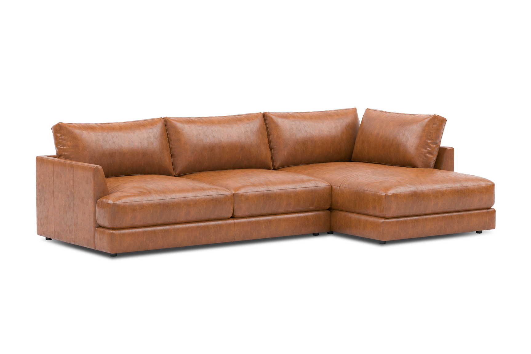 Valencia Serena Leather Three Seats with Right Chaise Sectional Sofa, Cognac