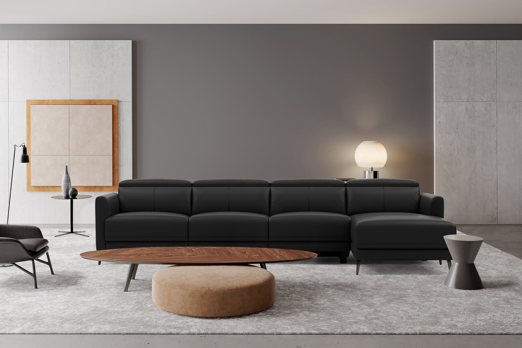 Valencia Andria Modern Top Grain Leather Reclining Sectional Four Seats with Right Chaise Sofa, Black Color