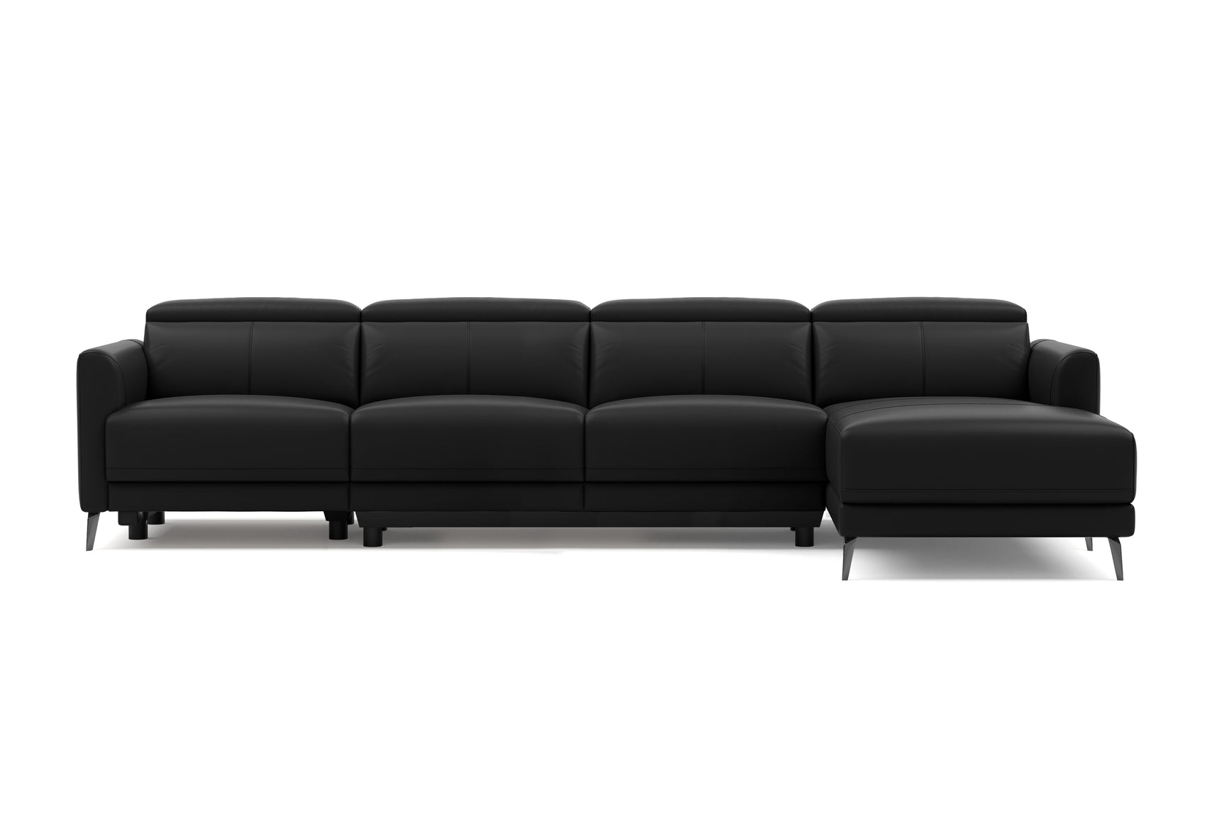Valencia Andria Modern Top Grain Leather Reclining Sectional Four Seats with Right Chaise Sofa, Black Color