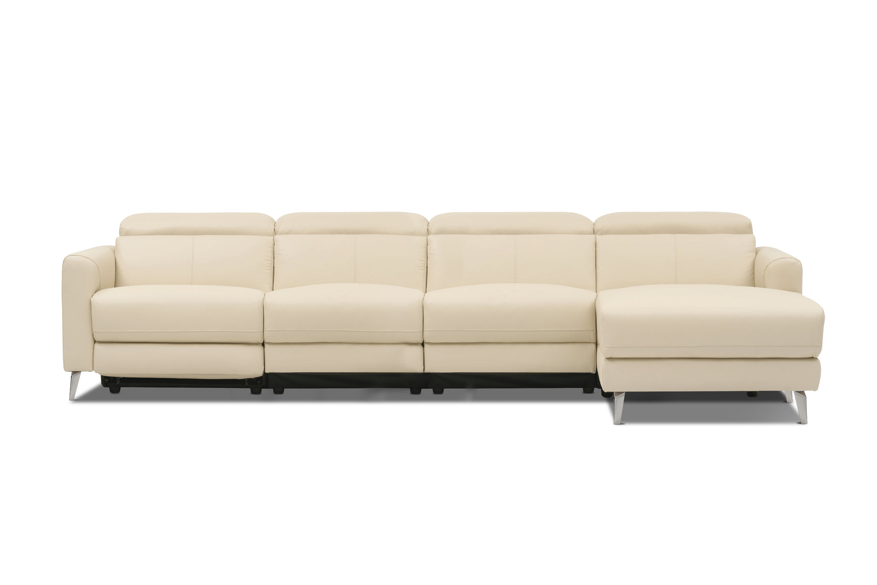 Valencia Andria Modern Top Grain Leather Reclining Sectional Four Seats with Right Chaise Sofa, Beige Color