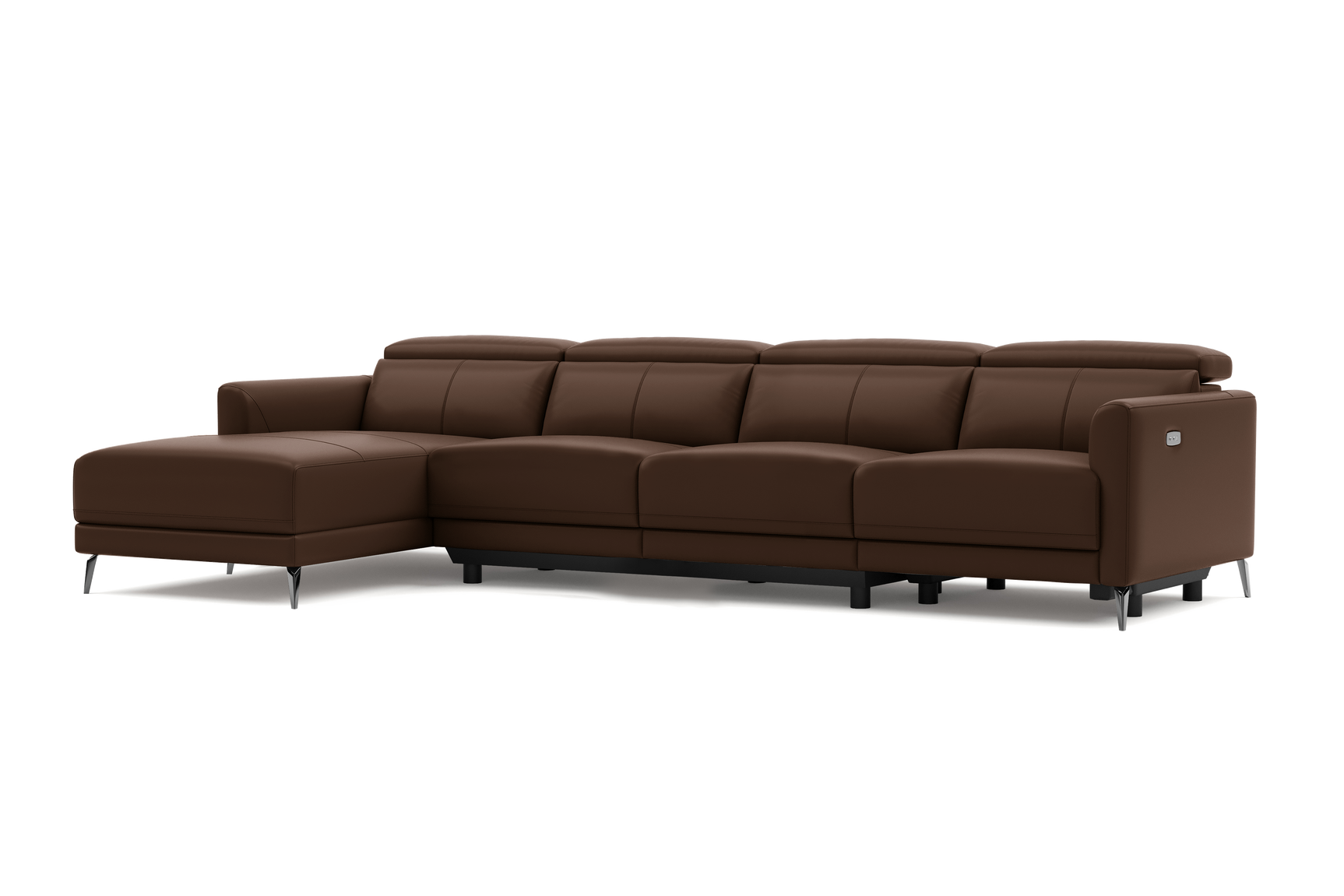 Valencia Andria Modern Top Grain Leather Reclining Sectional Four Seats with Left Chaise Sofa, Chocolate Color