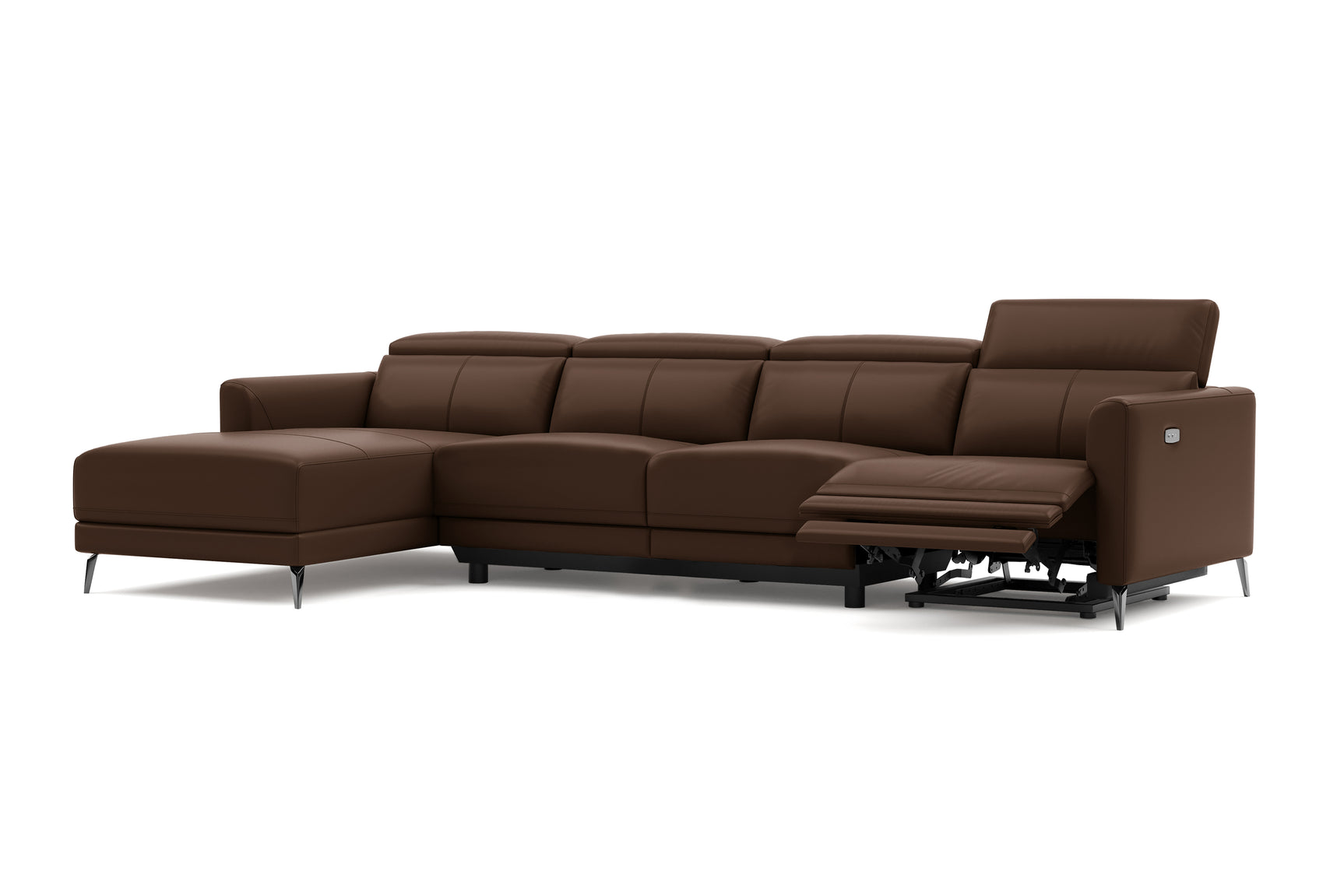 Valencia Andria Modern Top Grain Leather Reclining Sectional Four Seats with Left Chaise Sofa, Chocolate Color