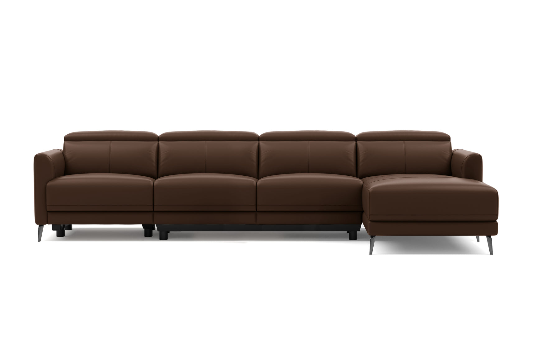 Valencia Andria Modern Top Grain Leather Reclining Sectional Four Seats with Right Chaise Sofa, Chocolate Color