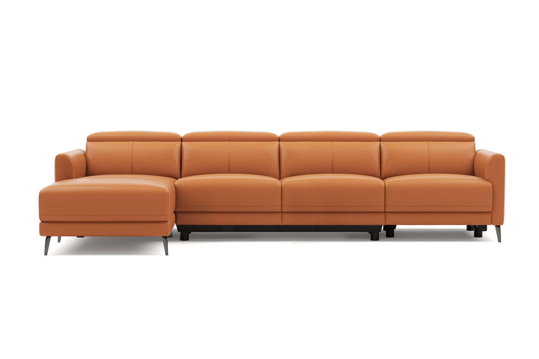 Valencia Andria Modern Top Grain Leather Reclining Sectional Fours Seats with Left Chaise Sofa, Cognac Color