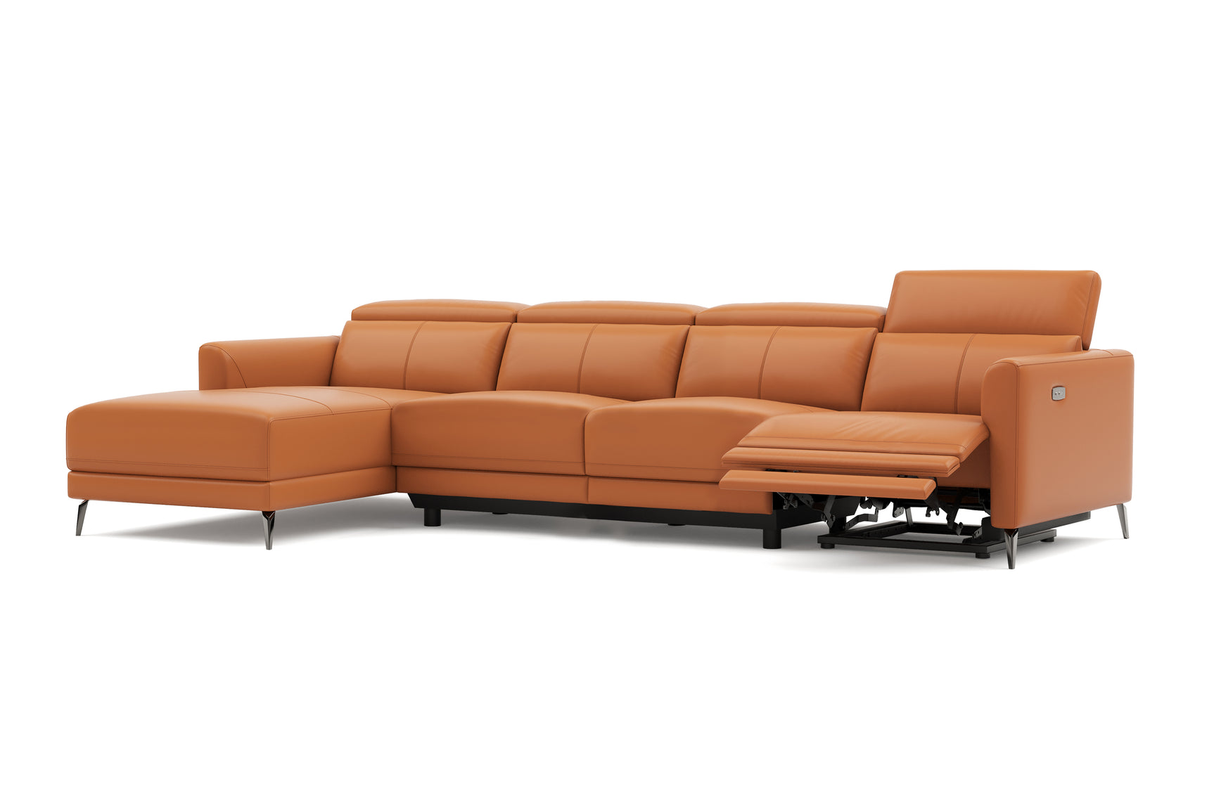 Valencia Andria Modern Top Grain Leather Reclining Sectional Fours Seats with Left Chaise Sofa, Cognac Color