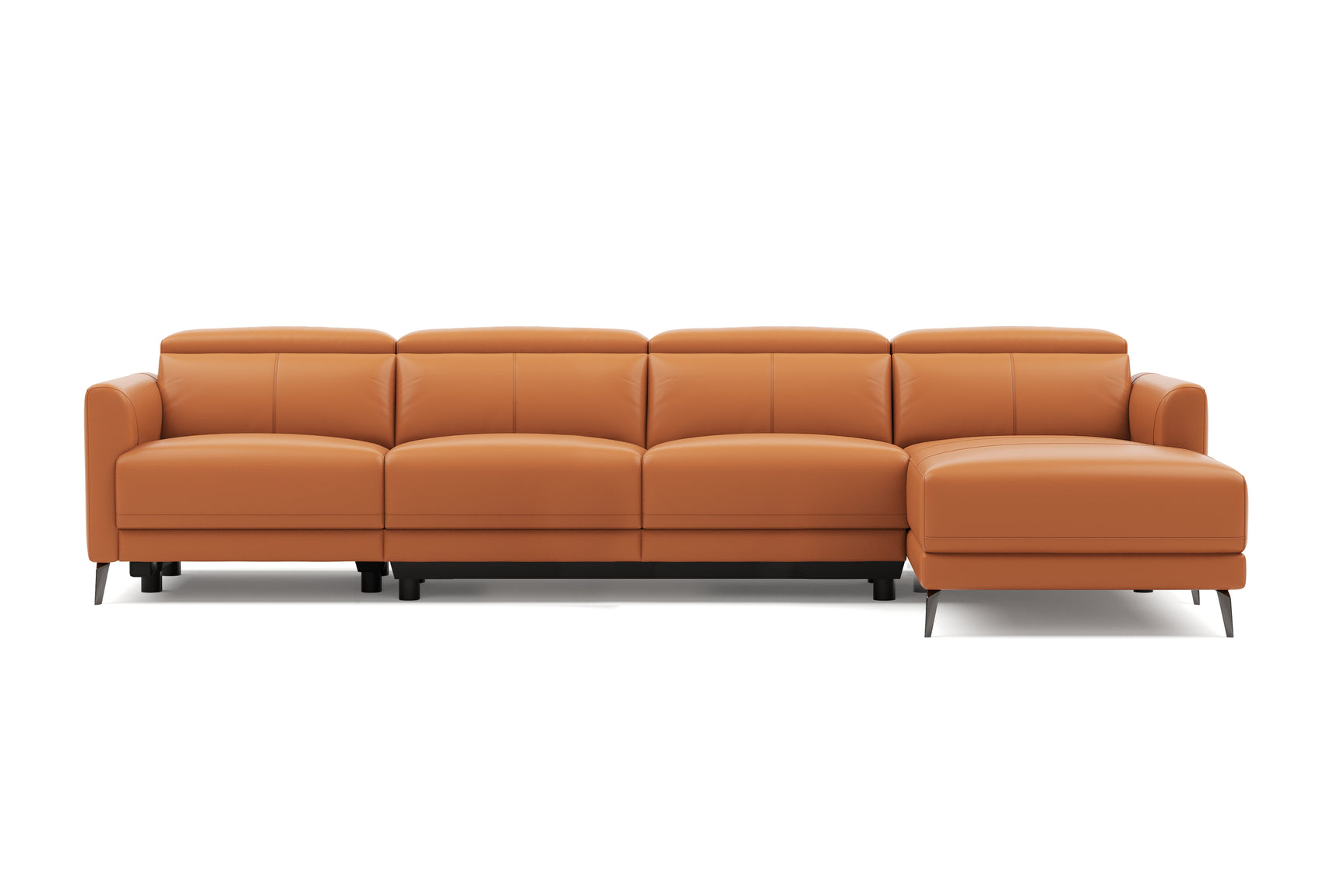 Valencia Andria Modern Top Grain Leather Reclining Sectional Fours Seats with Right Chaise Sofa, Cognac Color