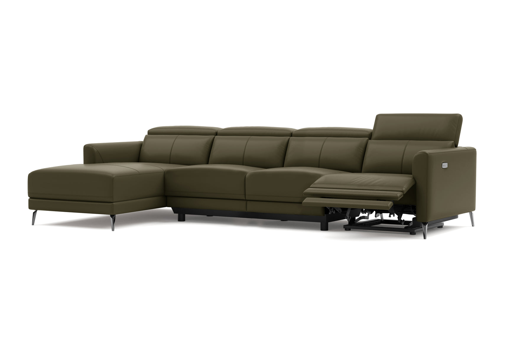 Valencia Andria Modern Top Grain Leather Reclining Sectional Four Seats with Left Chaise Sofa, Dark Green Color