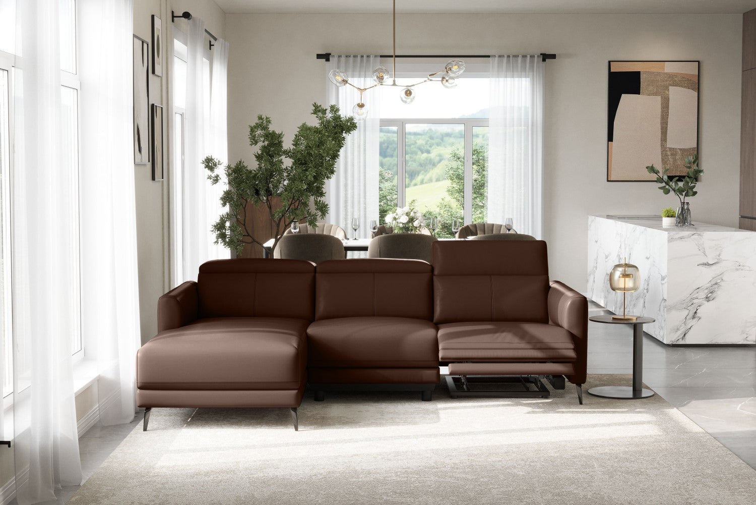 Valencia Andria Modern Left Hand Facing Top Grain Leather Reclining Sectional Sofa, Chocolate