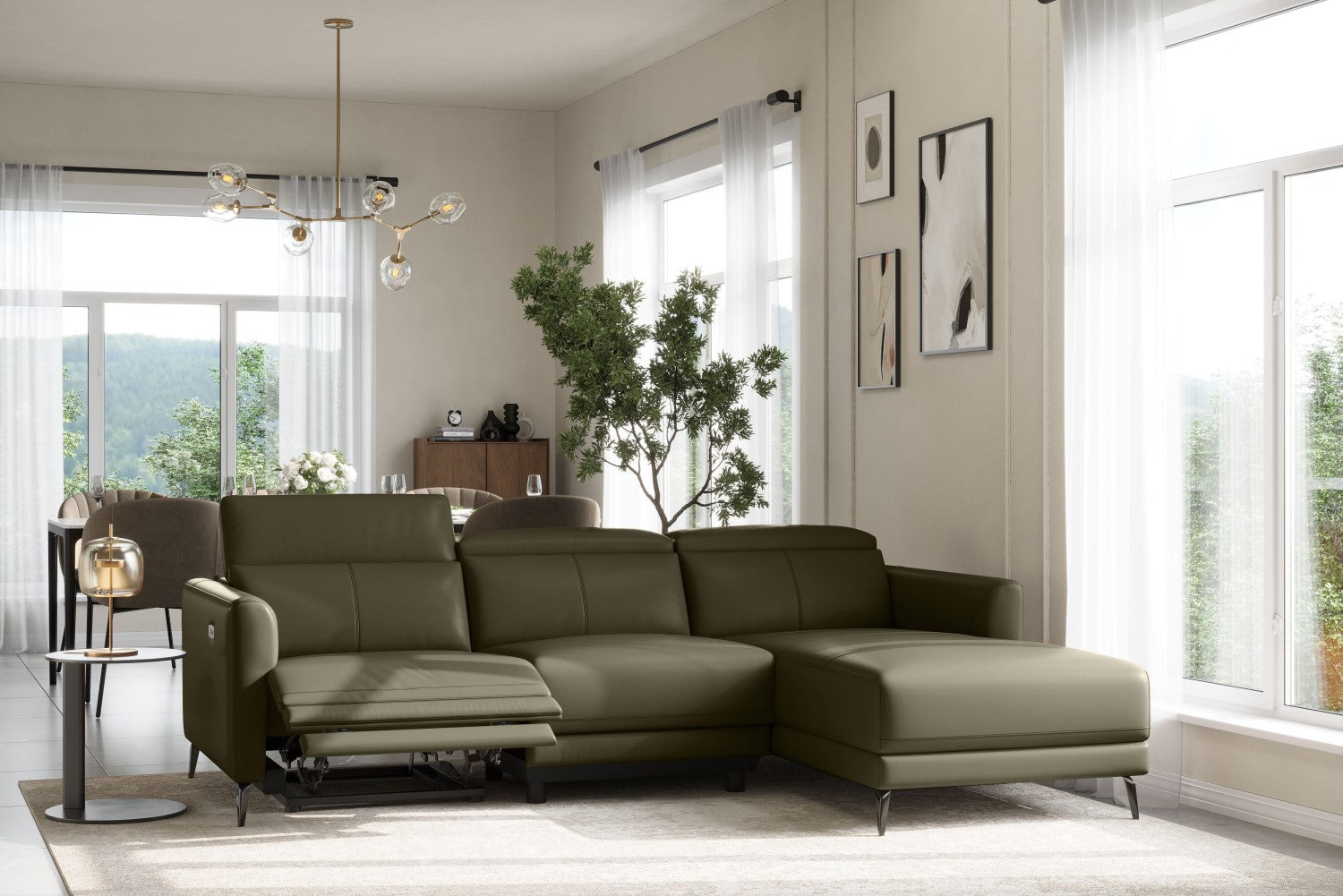 Valencia Andria Modern Right Hand Facing Top Grain Leather Reclining Sectional Sofa, Dark Green Color