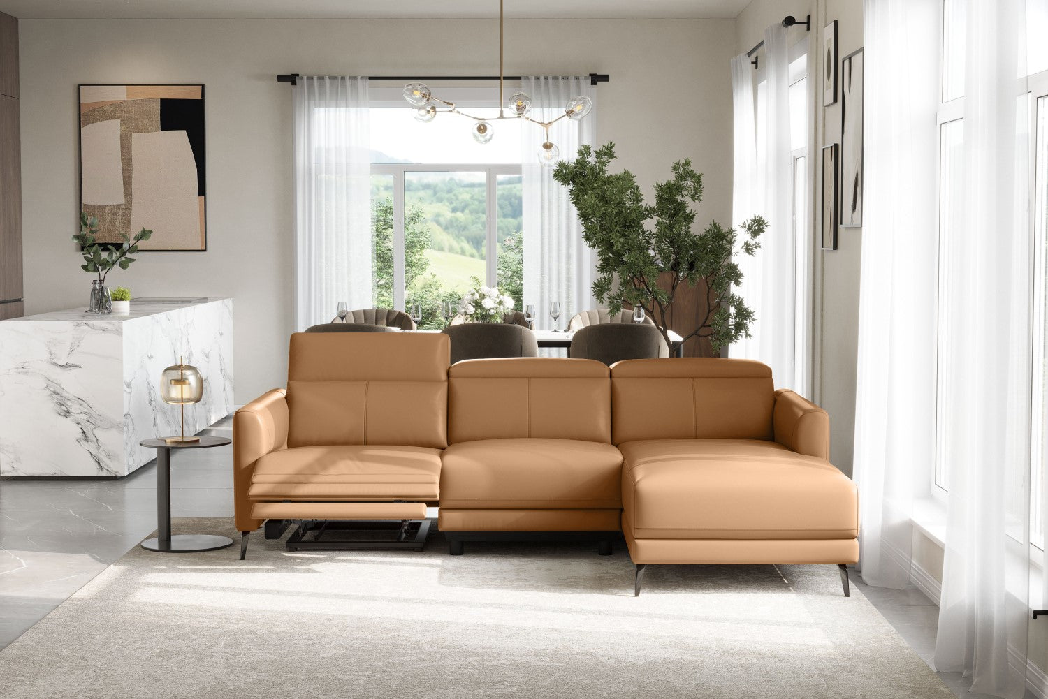 Valencia Andria Modern Right Hand Facing Top Grain Leather Reclining Sectional Sofa, Tan Color