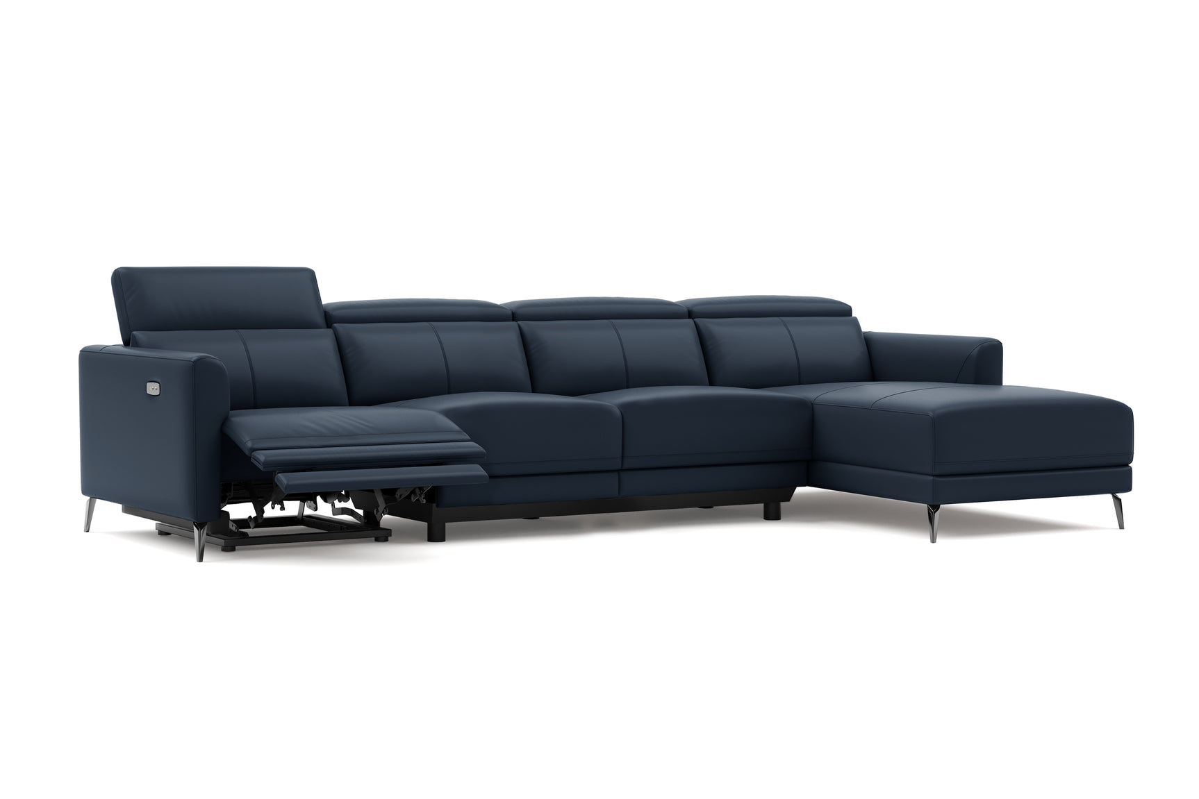 Valencia Andria Modern Top Grain Leather Reclining Sectional Four Seats with Right Chaise Sofa, Blue Color