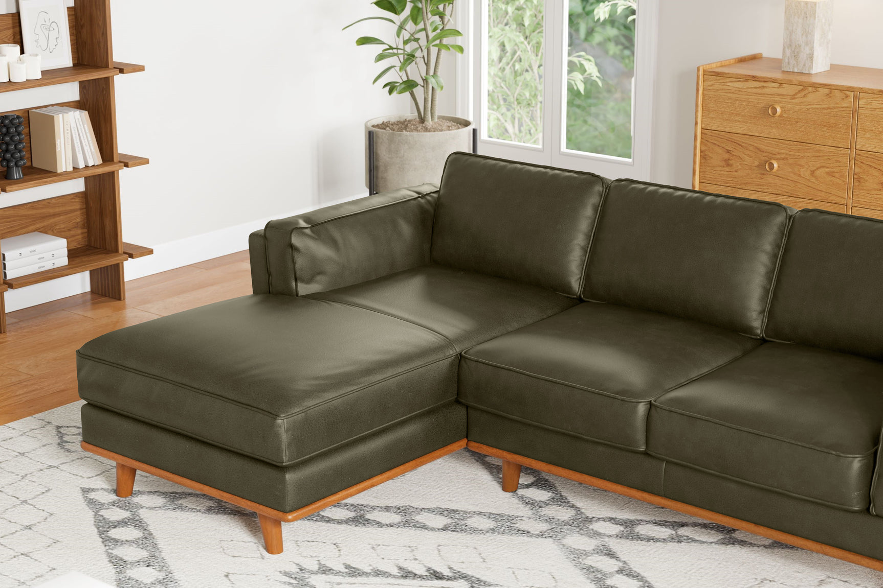 Valencia Artisan Top Grain Leather Three Seats with Left Chaise Leather Sofa, Dark Green Color