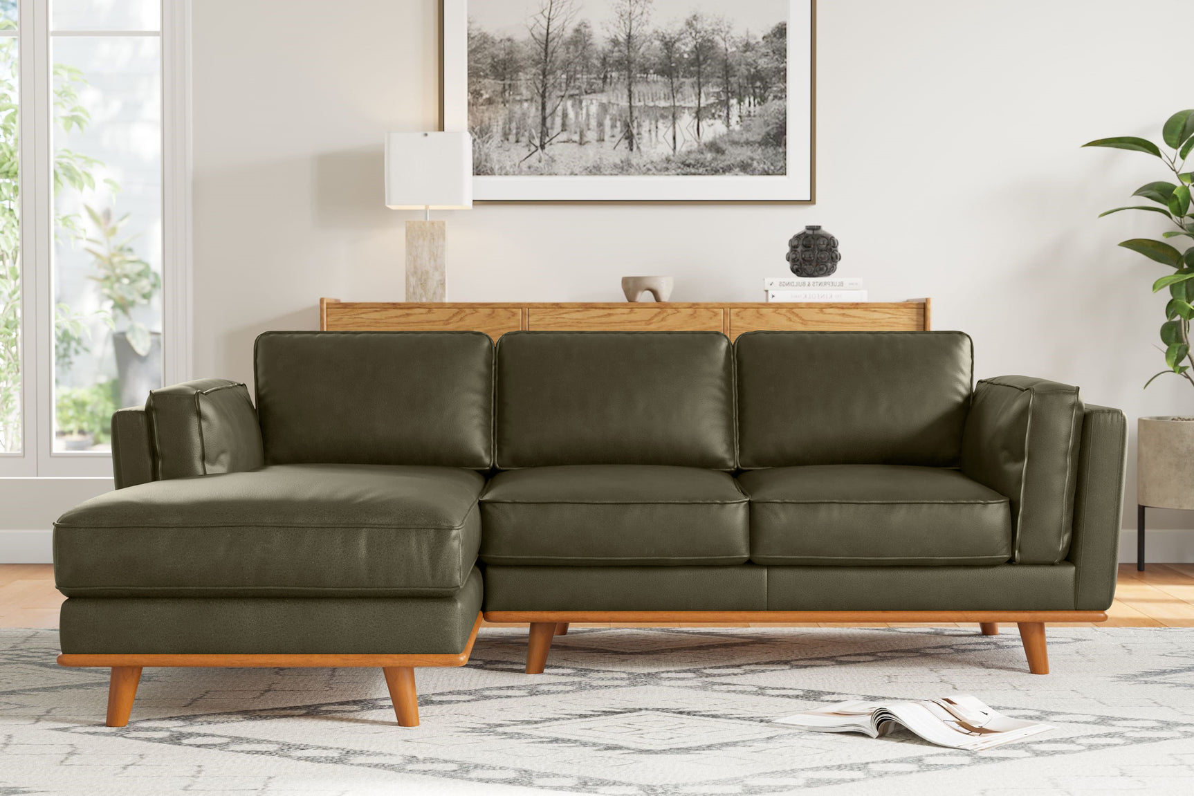 Valencia Artisan Top Grain Leather Three Seats with Left Chaise Leather Sofa, Dark Green Color