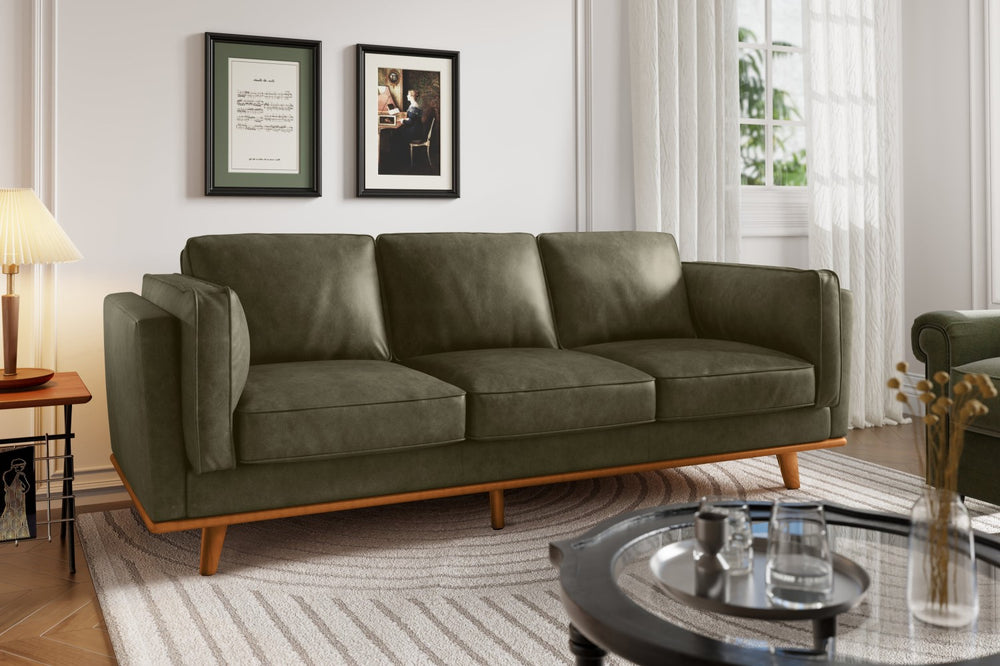 Valencia Artisan Wide Three Seats Leather Sofa, Dark Green Color