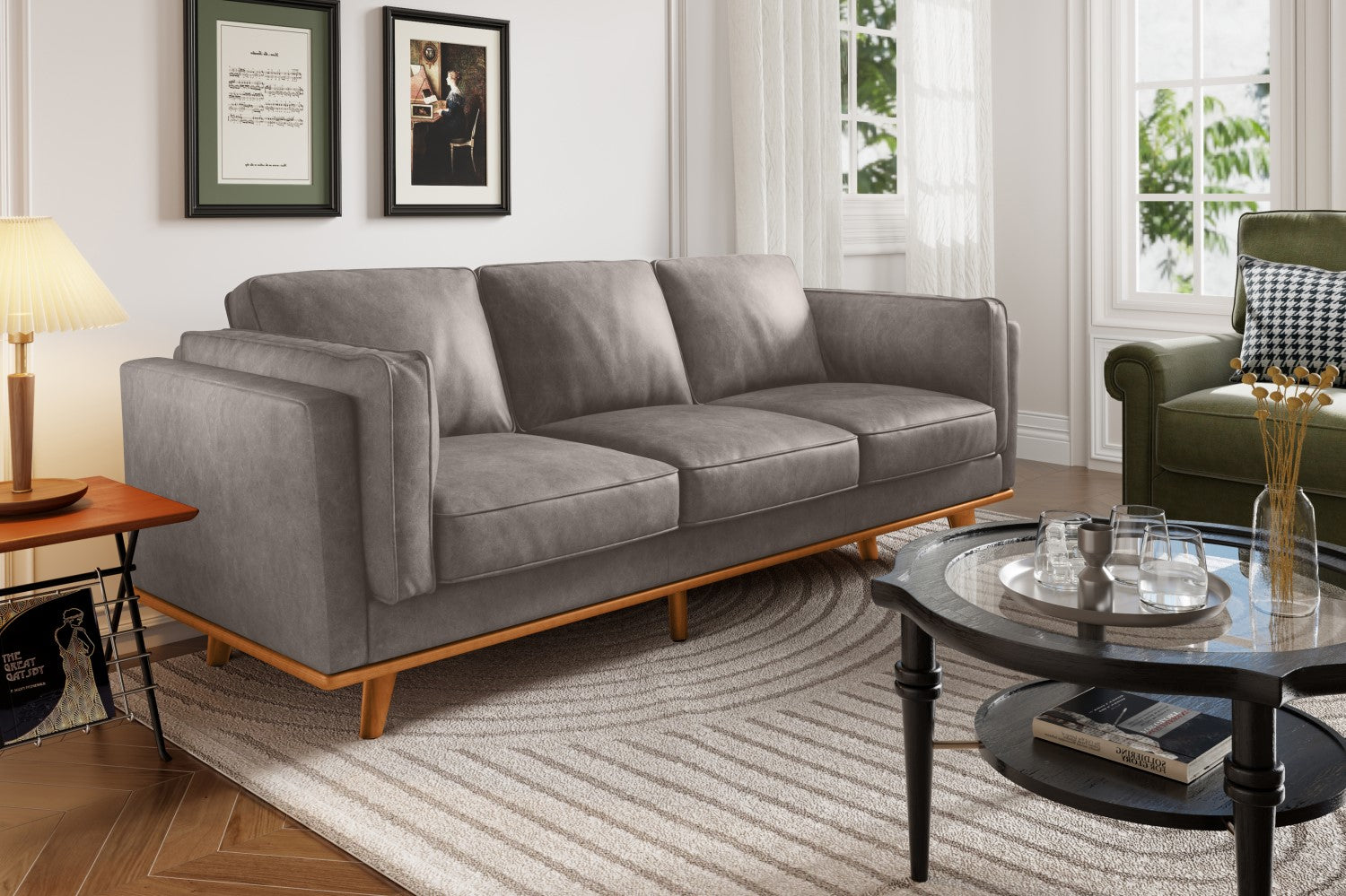 Valencia Artisan Wide Three Seats Leather Sofa, Light Grey