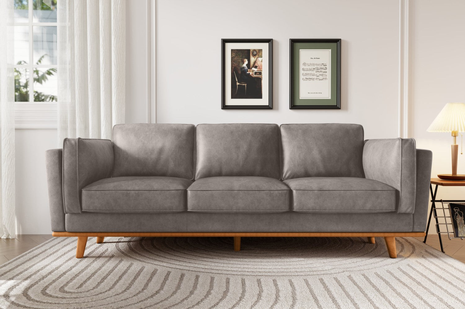 Valencia Artisan Wide Three Seats Leather Sofa, Light Grey