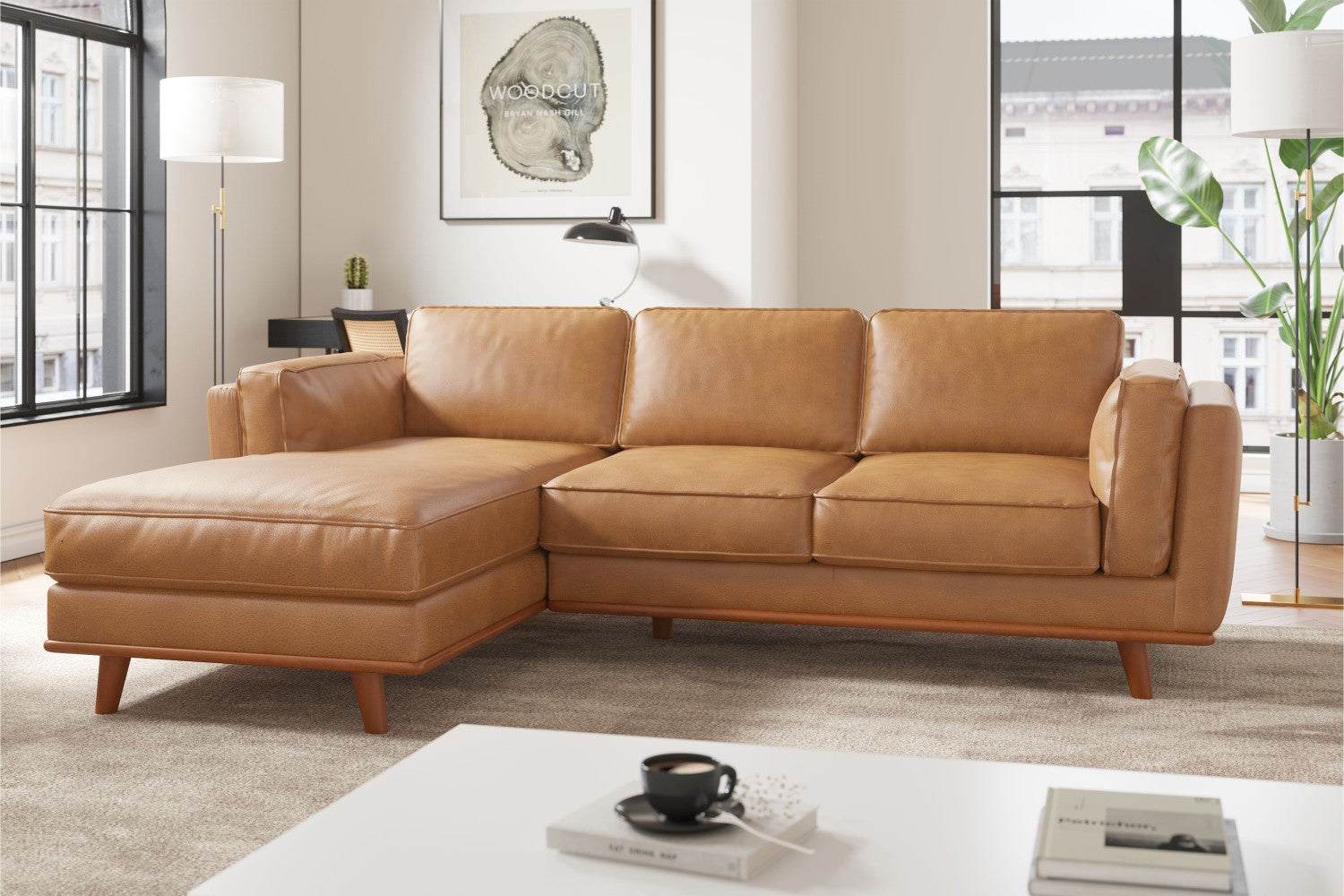 Valencia Artisan Top Grain Leather Three Seats with Left Chaise Leather Sofa, Tan Color