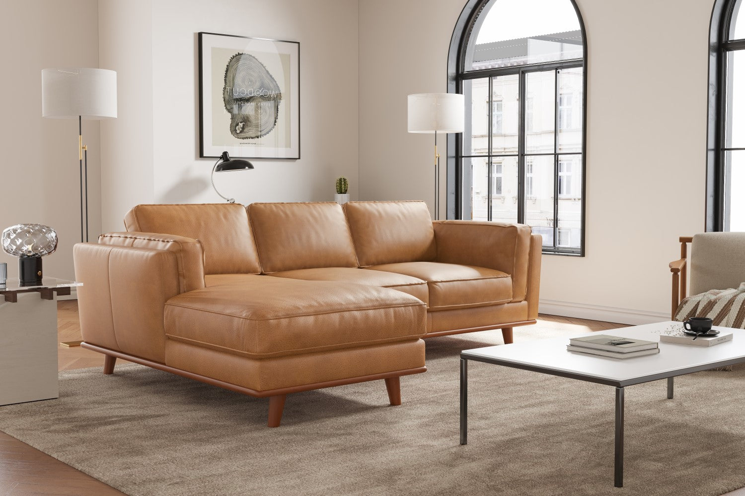 Valencia Artisan Top Grain Leather Three Seats with Left Chaise Leather Sofa, Tan Color