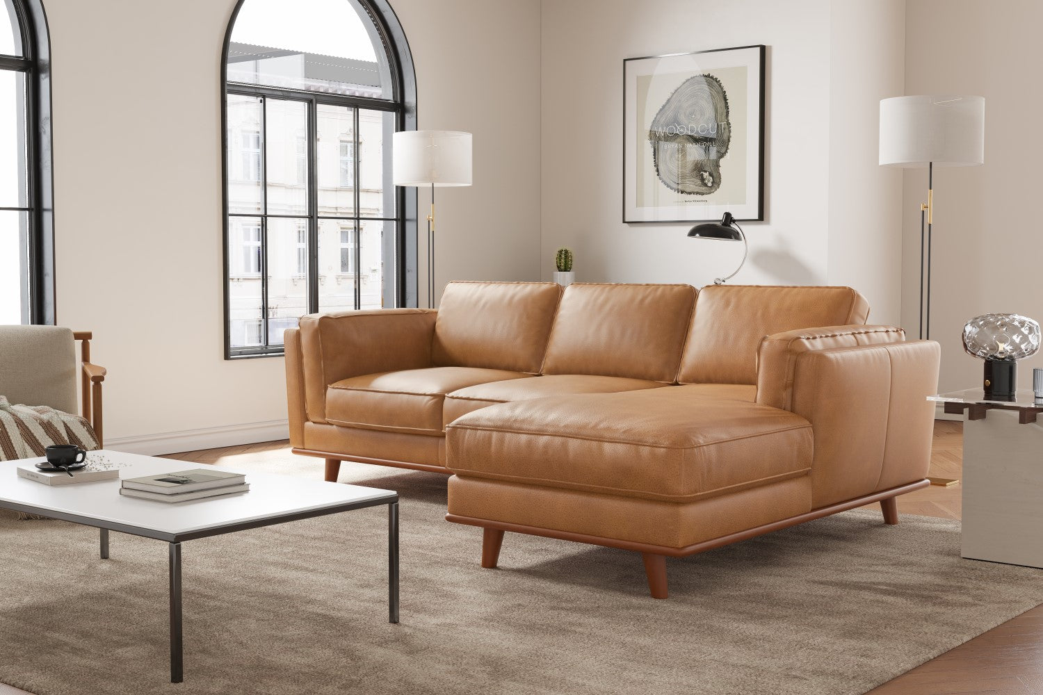 Valencia Artisan Top Grain Leather Three Seats with Right Chaise Leather Sofa, Tan Color