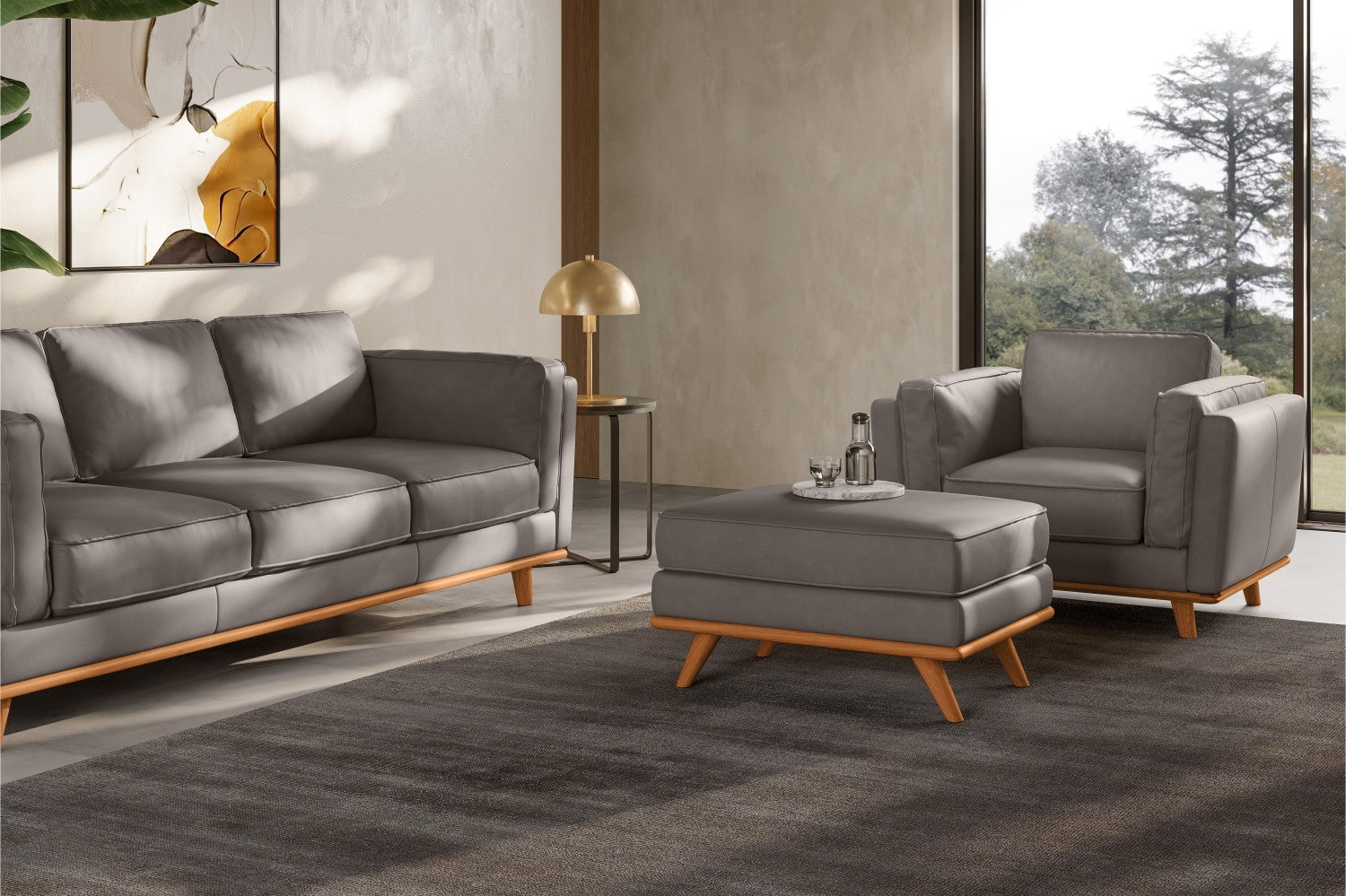 Valencia Artisan Top Grain Leather Ottoman, Light Grey Color