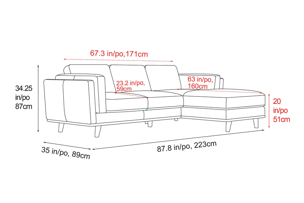 Valencia Artisan Top Grain Leather Three Seats with Right Chaise Leather Sofa, Cognac
