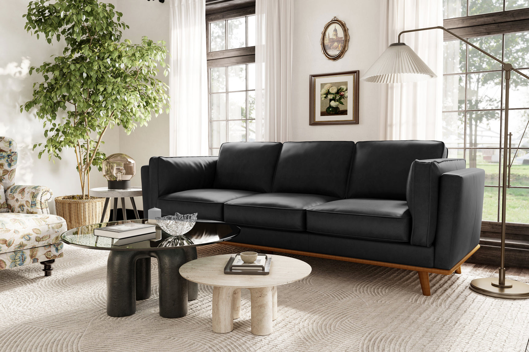 Valencia Artisan Wide Three Seats Leather Sofa, Black Color