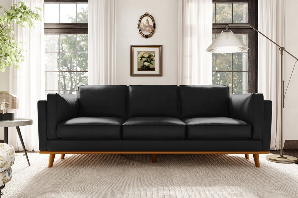 Valencia Artisan Wide Three Seats Leather Sofa, Black Color