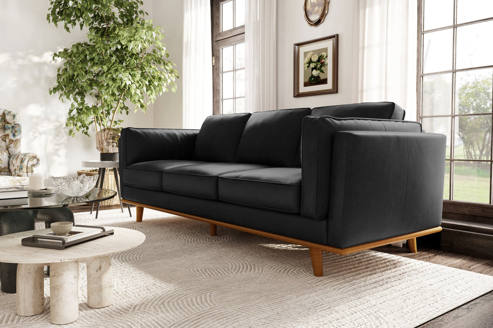 Valencia Artisan Wide Three Seats Leather Sofa, Black Color