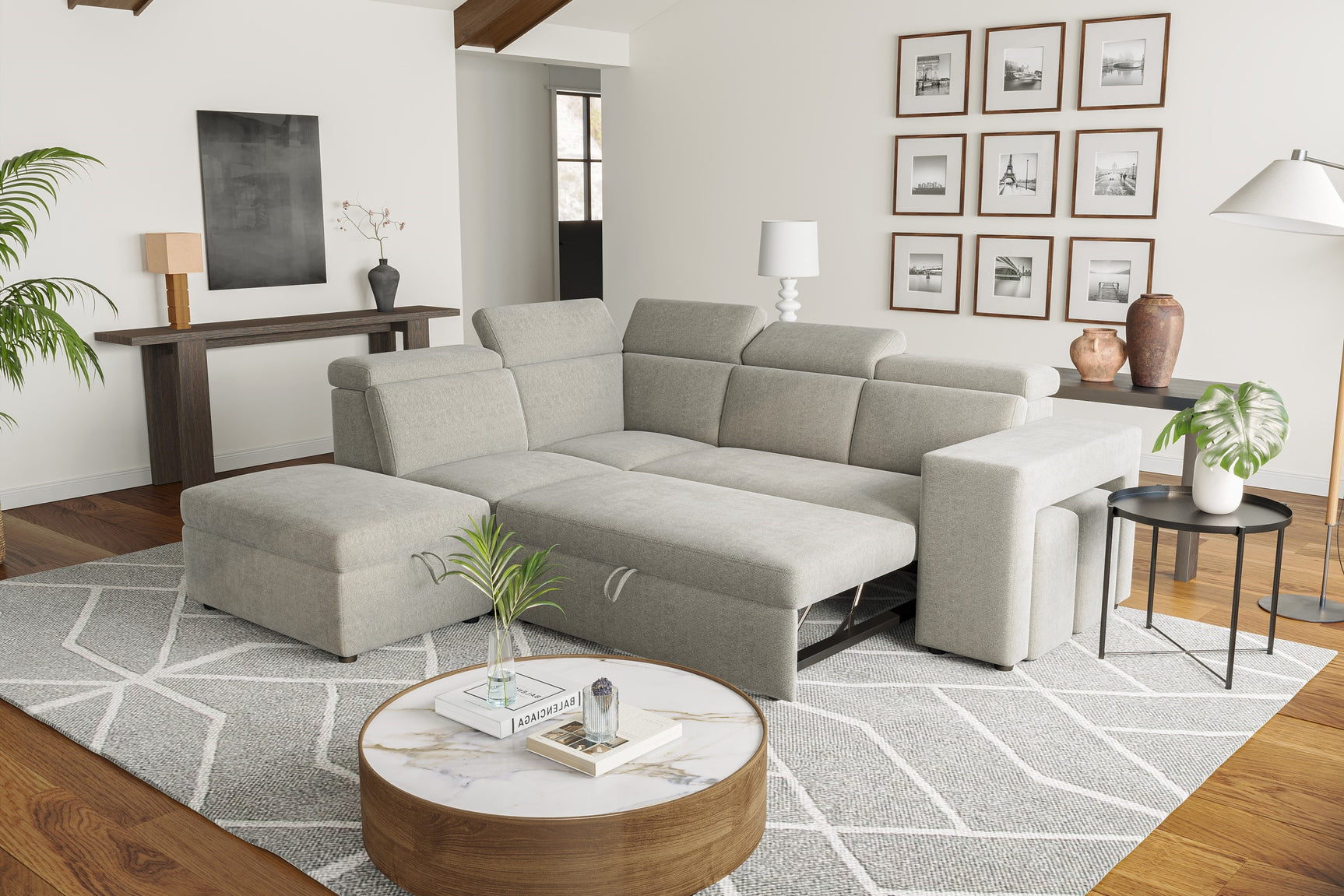 Valencia Finn Fabric Sectional Sofa Bed with Left Hand Storage, Light Grey Color