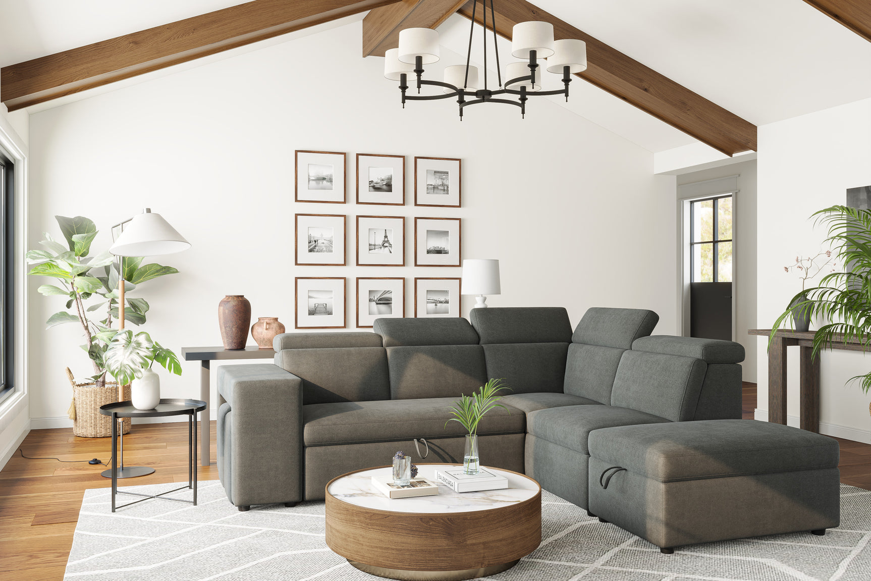 Valencia Finn Fabric Sectional Sofa Bed with Right Hand Storage, Dark Grey Color