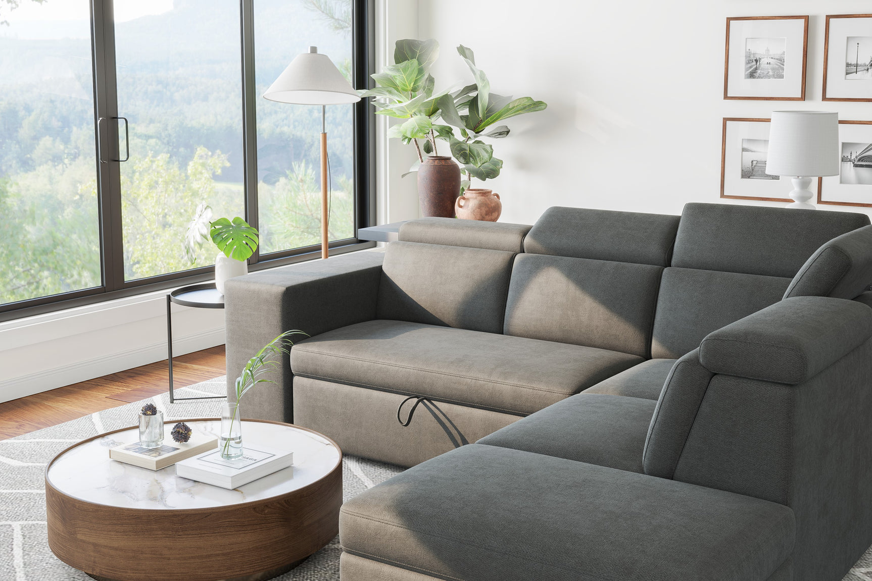 Valencia Finn Fabric Sectional Sofa Bed with Right Hand Storage, Dark Grey Color