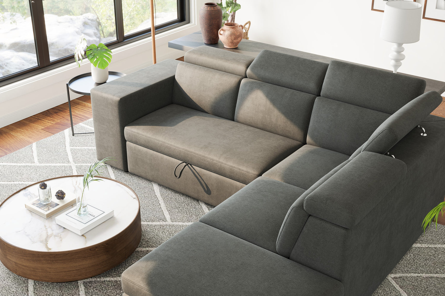Valencia Finn Fabric Sectional Sofa Bed with Right Hand Storage, Dark Grey Color