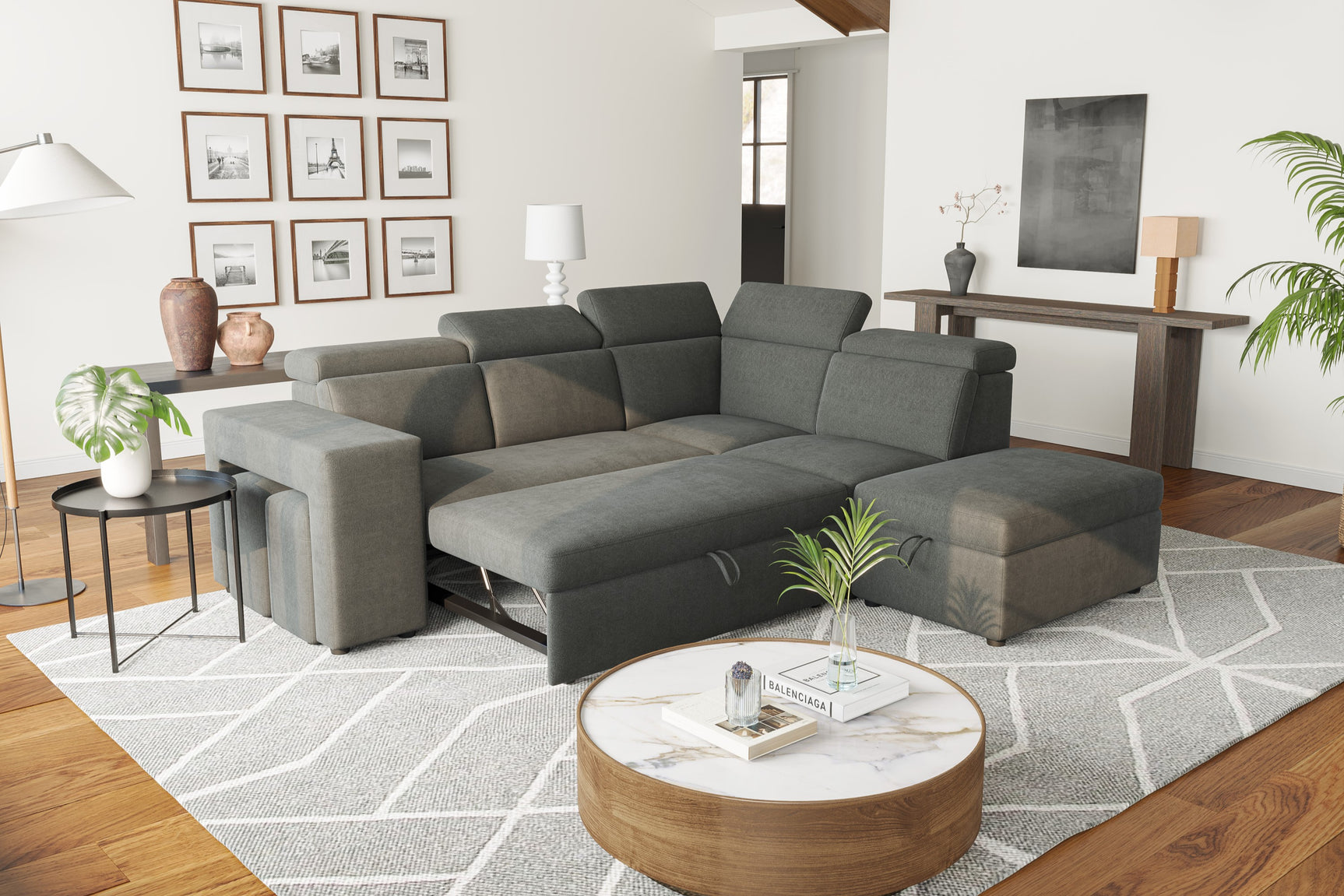 Valencia Finn Fabric Sectional Sofa Bed with Right Hand Storage, Dark Grey Color