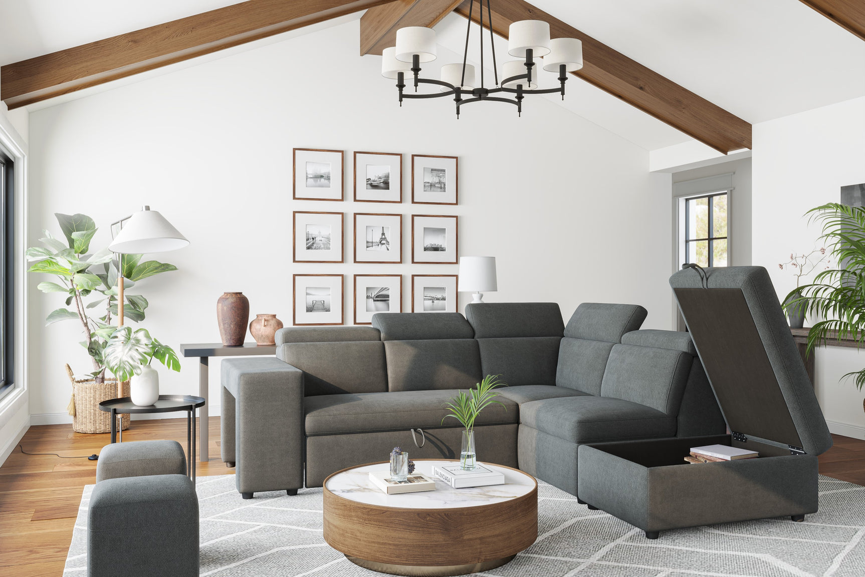 Valencia Finn Fabric Sectional Sofa Bed with Right Hand Storage, Dark Grey Color