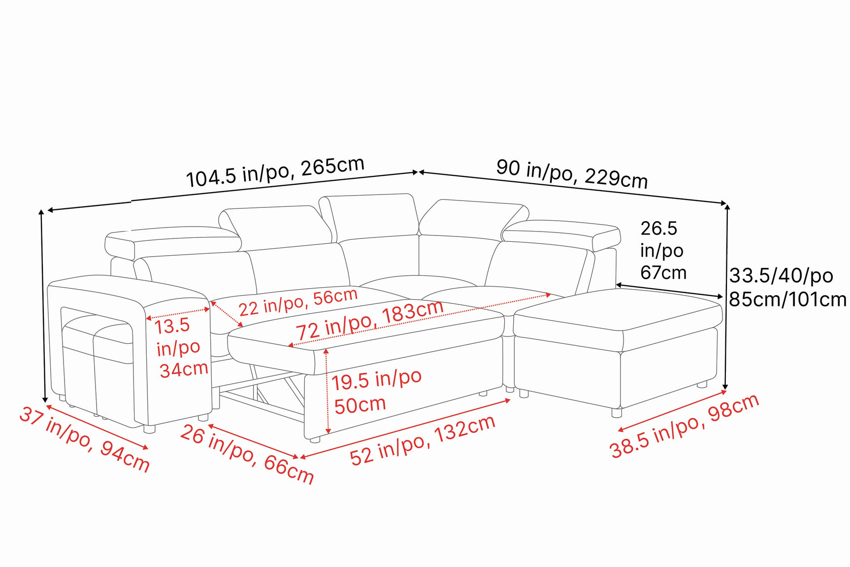 Valencia Finn Fabric Sectional Sofa Bed with Right Hand Storage, Dark Grey Color