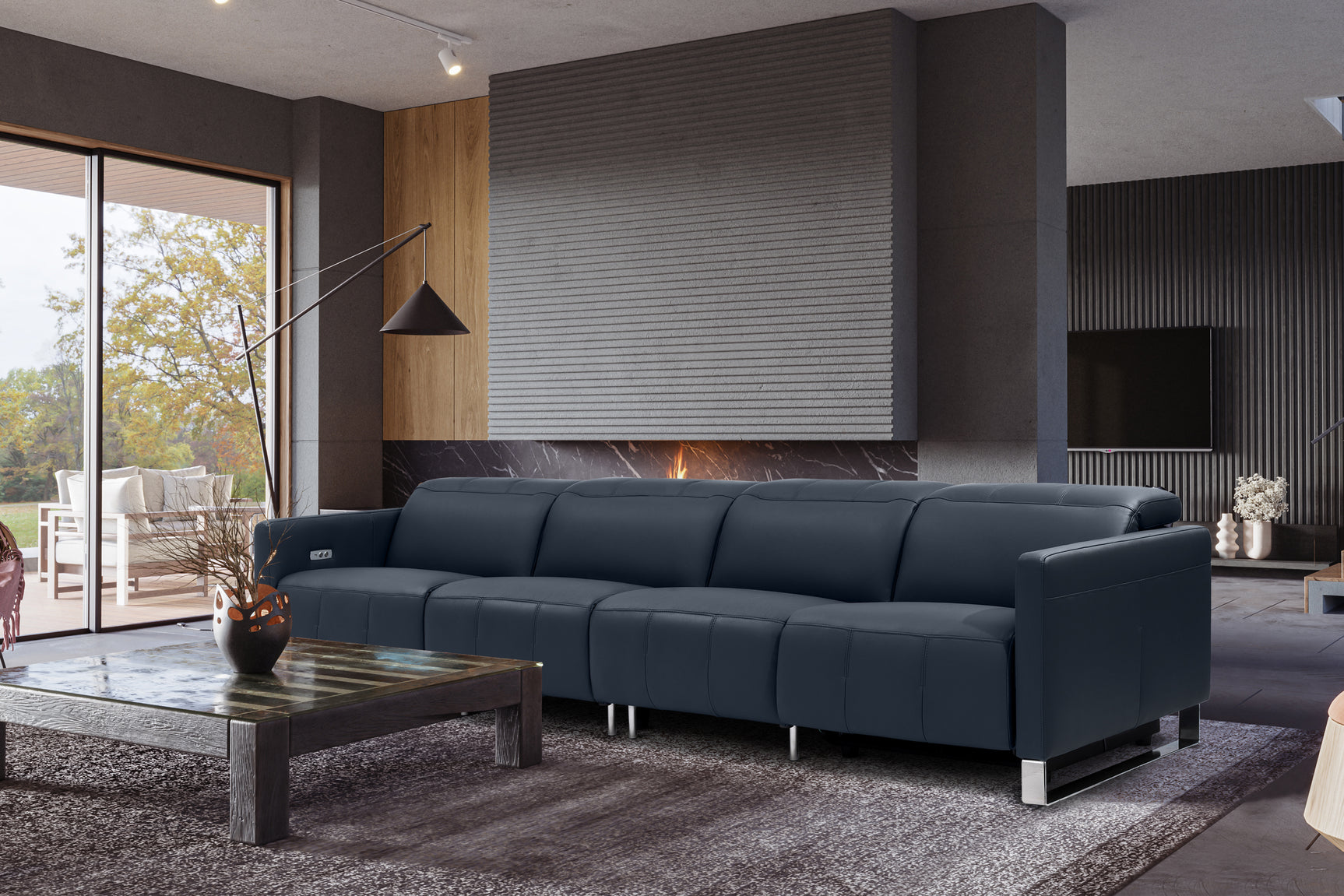Valencia Isla Modern Top Grain Leather Reclining Sofa, Four Seats, Blue