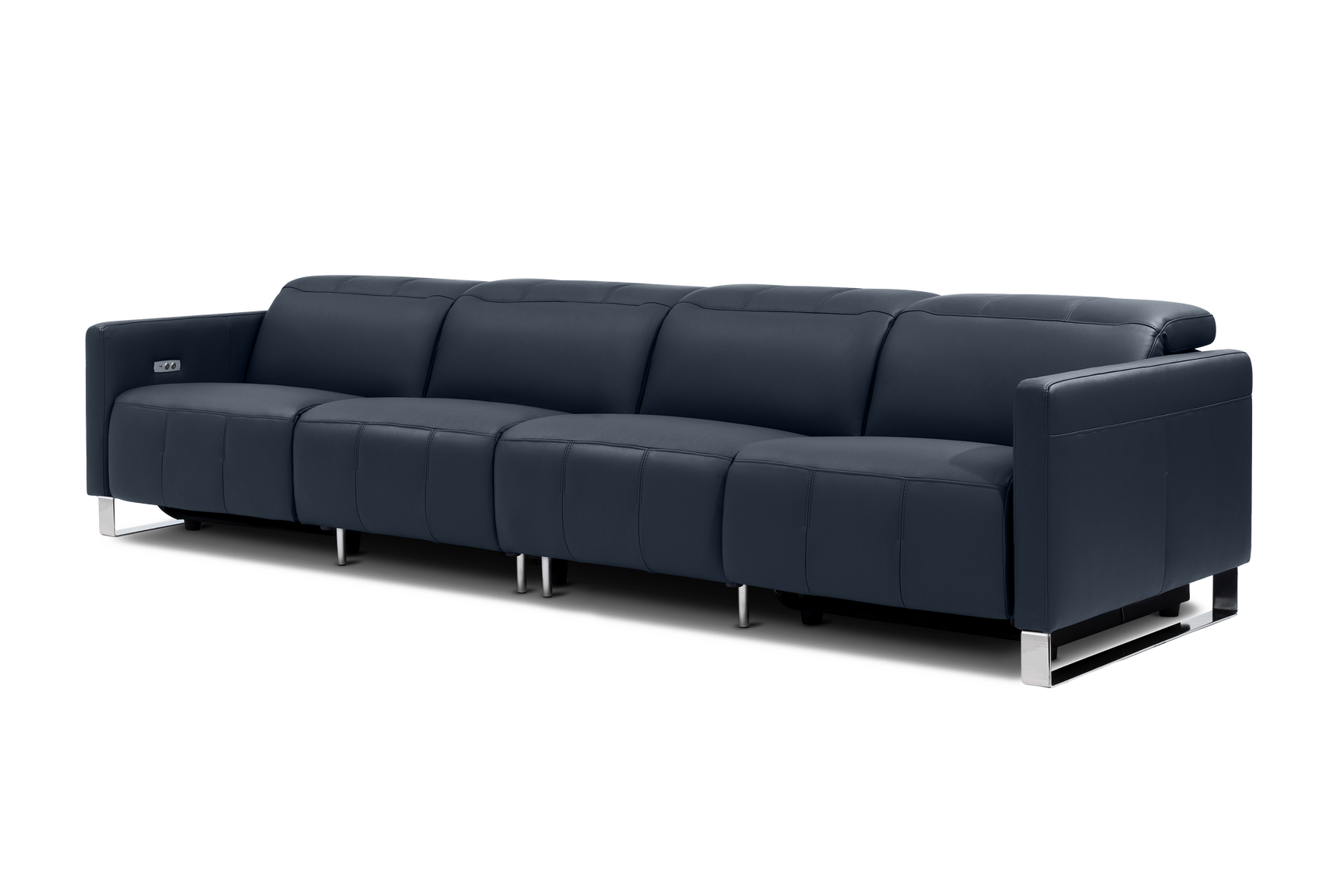 Valencia Isla Modern Top Grain Leather Reclining Sofa, Four Seats, Blue
