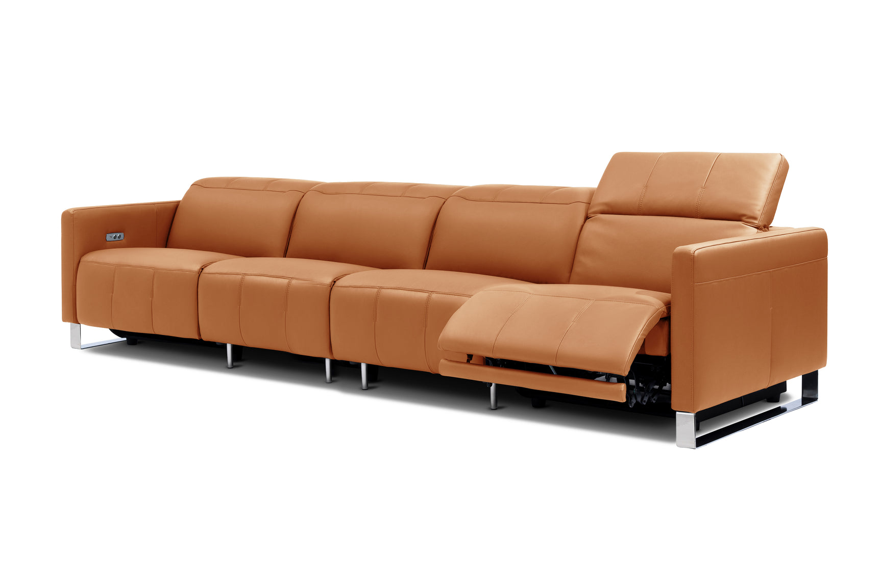 Valencia Isla Modern Top Grain Leather Reclining Sofa, Four Seats, Cognac